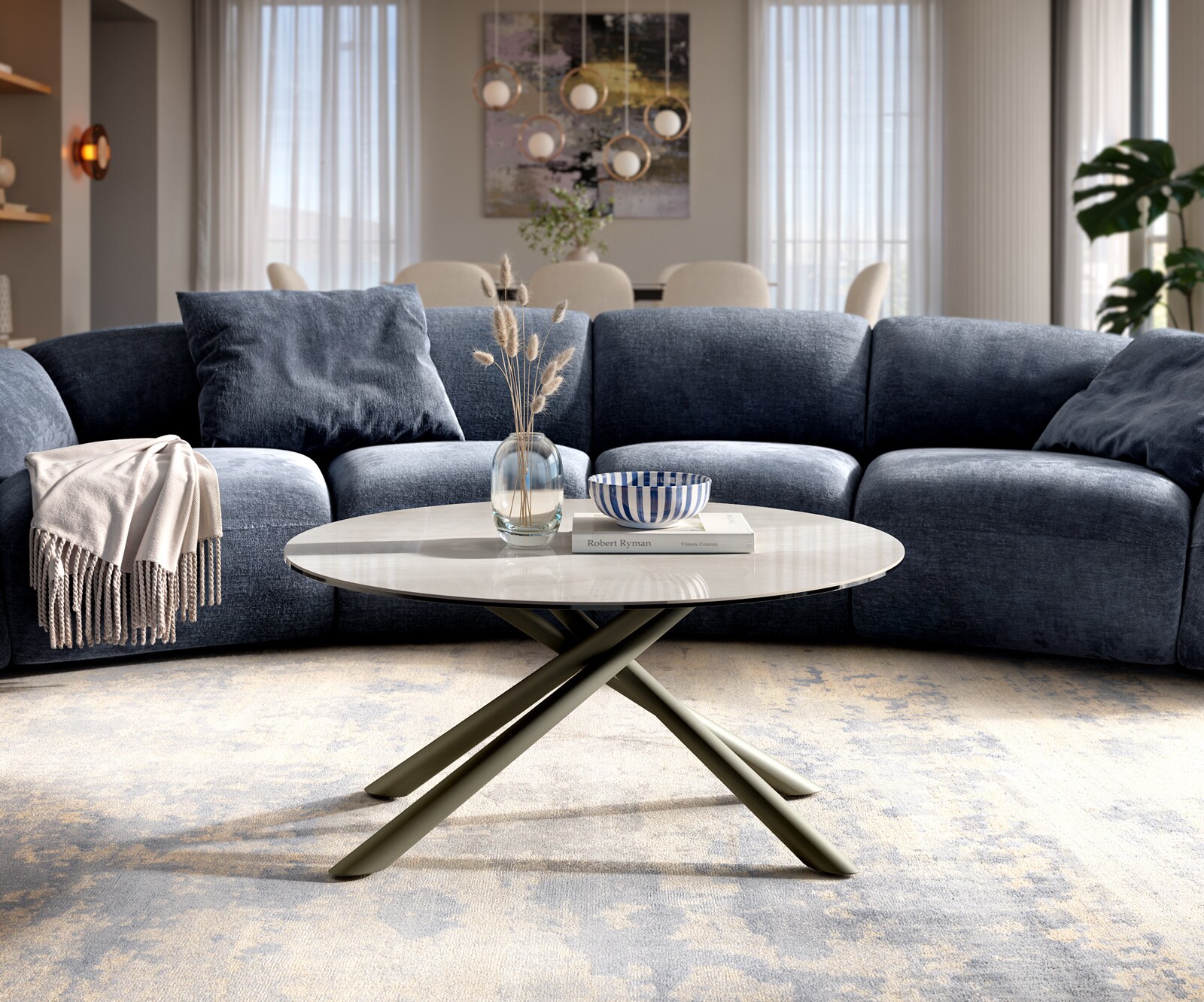 Couchtisch Edge Rund 90x90 cm Keramik Onyx Champagne Sarity Metall Effektfinish Titan 2