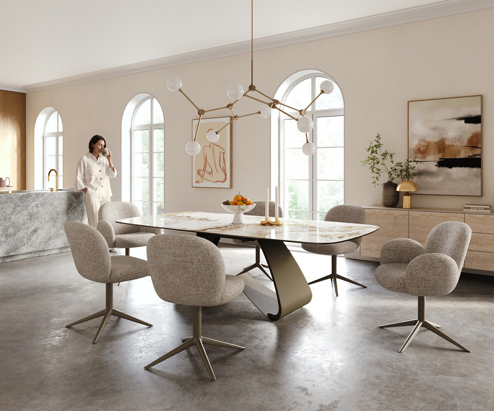 Esstisch Edge Boot 240x120 cm Keramik Minas Melange Weiß-Beige W-Gestell Metall Effektfinish Titan 6