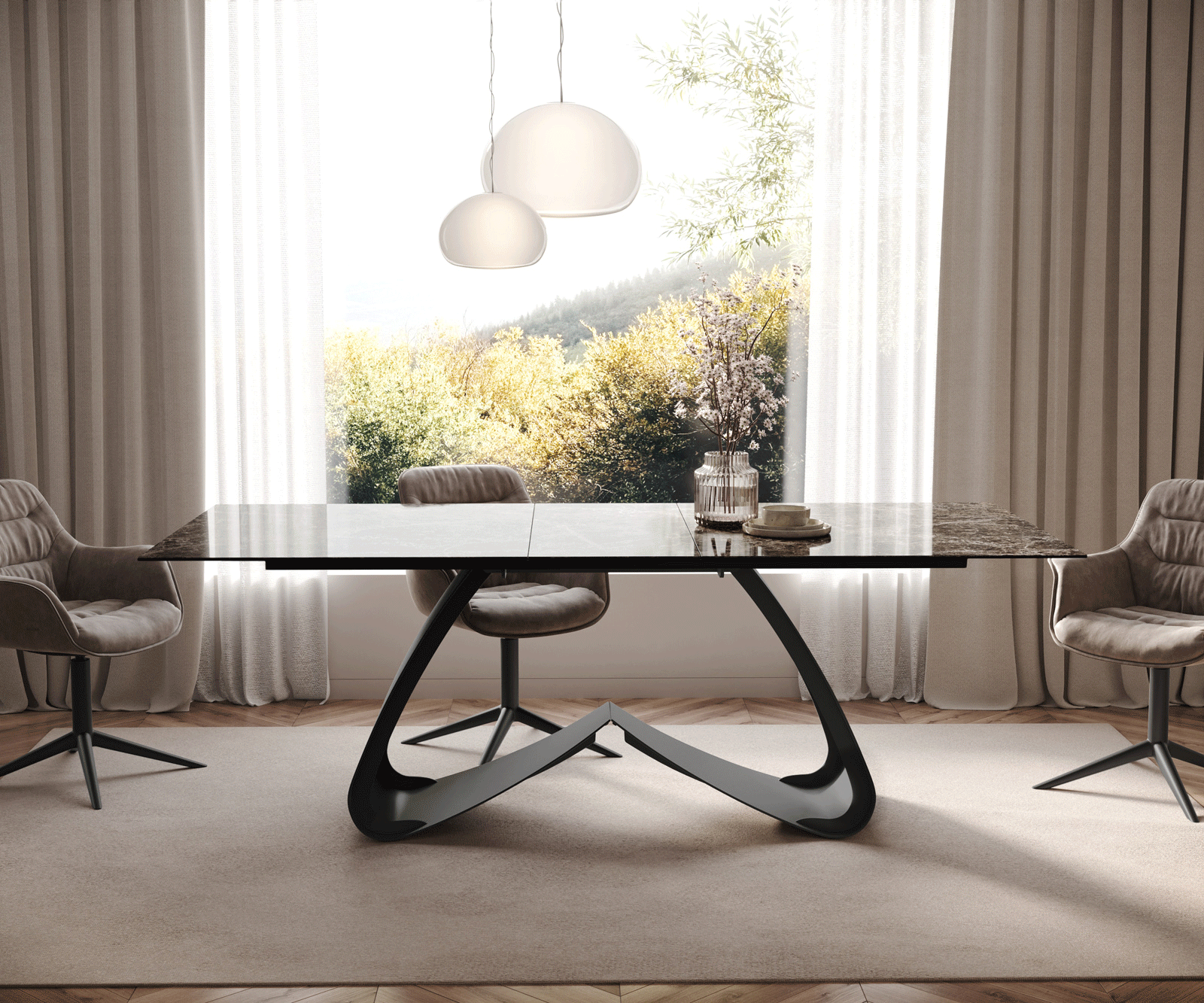 Esstisch Edge 180-220x100 Keramik Laminam® Emperador Extra Lucidato Dunkelbraun W-Gestell Schwarz ausziehbar 1