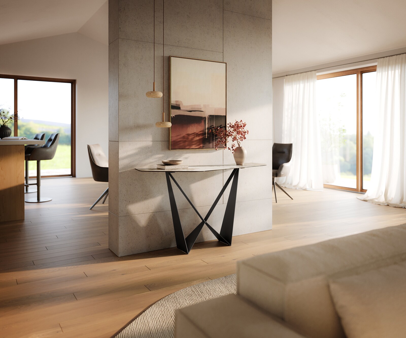 Konsolentisch Edge Polygonal 140x50 cm Keramik Minas Melange Weiß-Beige Spios Metall Schwarz 6