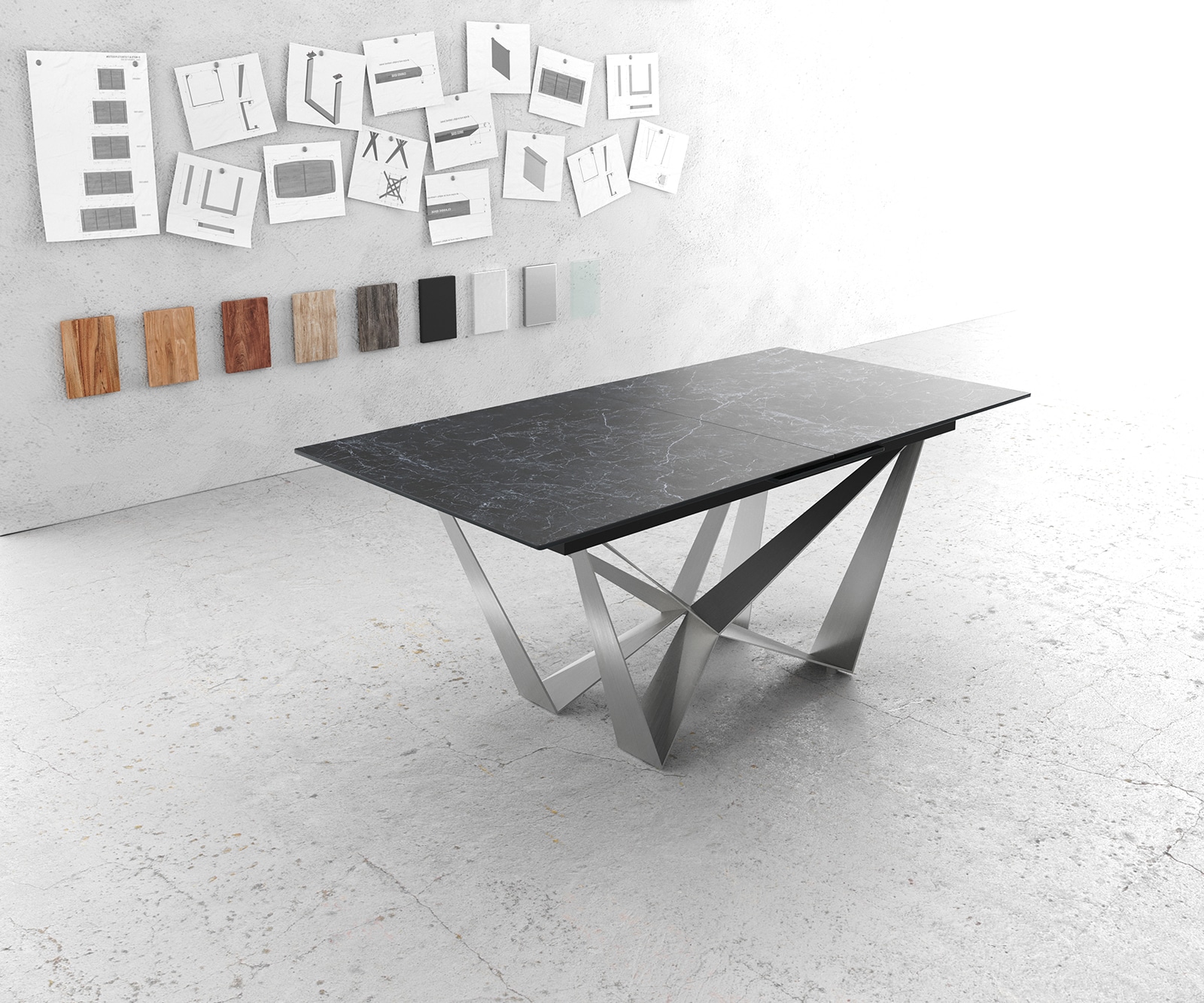 Esstisch Edge 180-220x90cm Keramik Laminam®Nero Greco Anthrazit Mittelfuß Flachstahl Silber ausziehbar 1