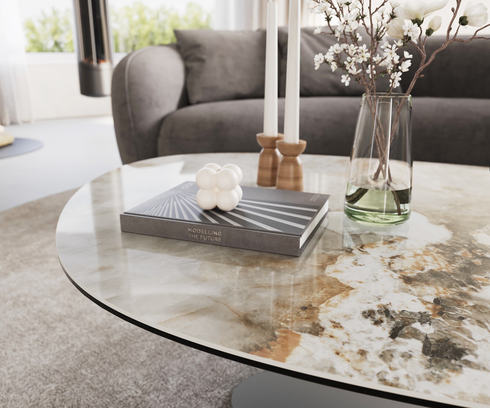 Couchtisch Edge Oval 140x75 cm Keramik Minas Melange Vibany Metall Effektfinish Titan 6