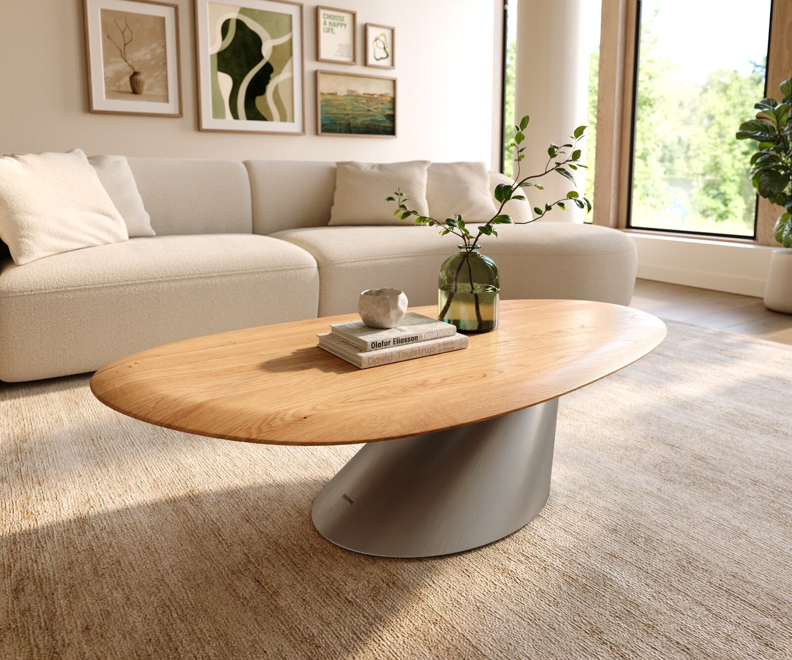 DELIFE Couchtisch Edge Oval 140x75 cm Eiche Natur Runde Kante Conis Edelstahl gebürstet