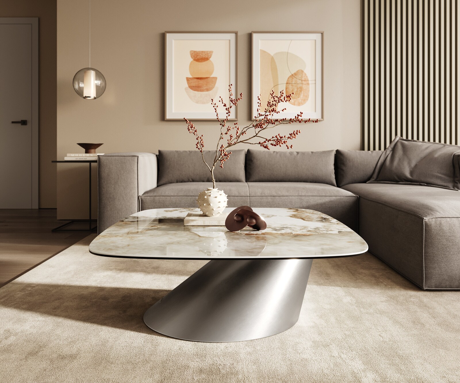 Couchtisch Edge Boot 90x90 cm Keramik Minas Melange Conis Edelstahl gebürstet 1