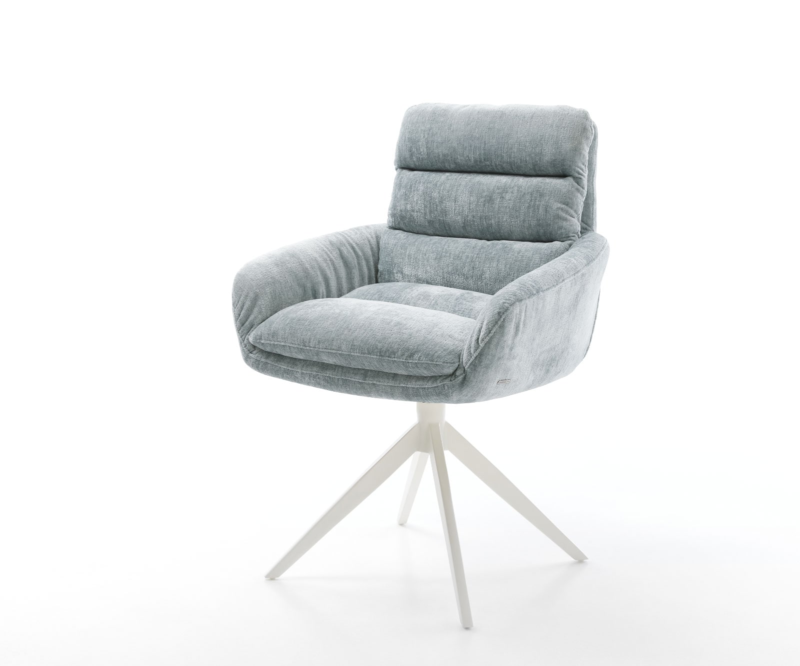 Drehstuhl Abelia-Flex mit Armlehnen Chenille Pastellblau Kreuzgestell breit Weiß 360° drehbar Wippfunktion
