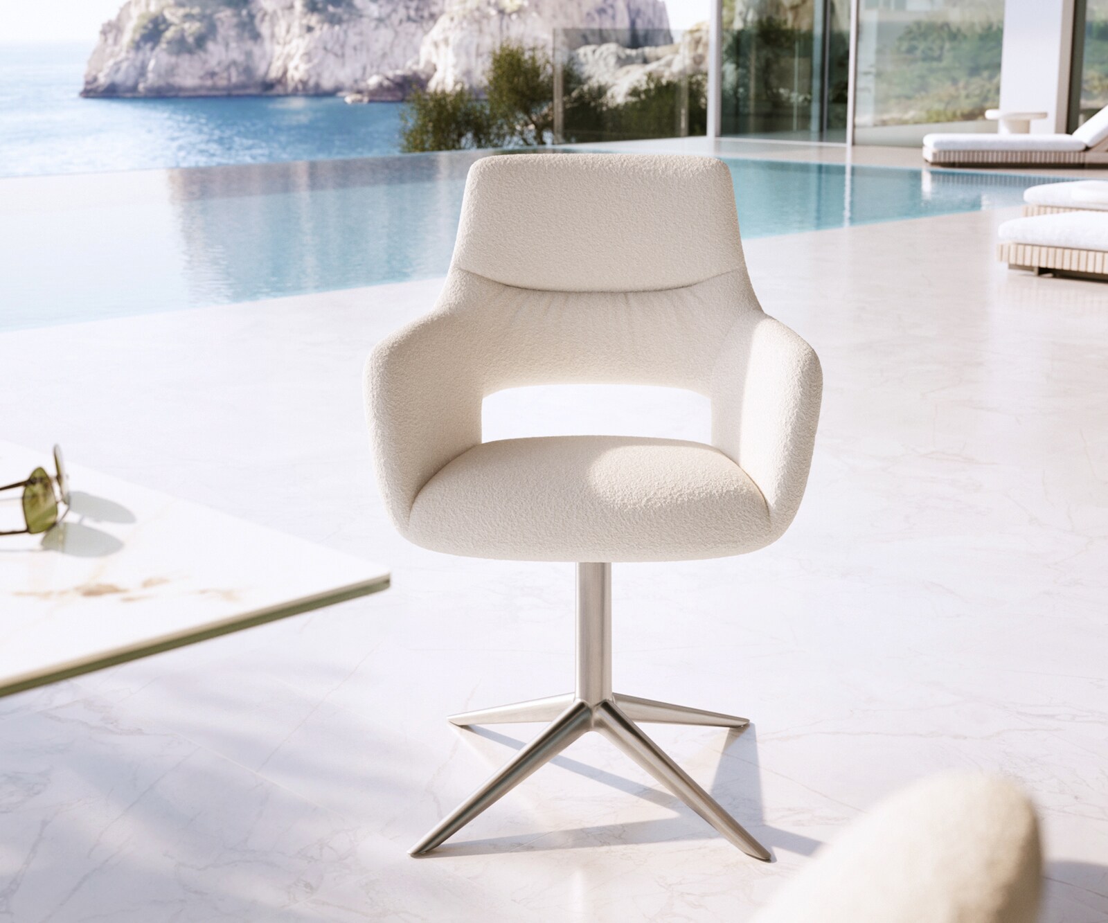 Outdoorstuhl Yago-Flex mit Armlehnen Bouclé Weiß Fußkreuz Edelstahl 360° drehbar Wippfunktion 1