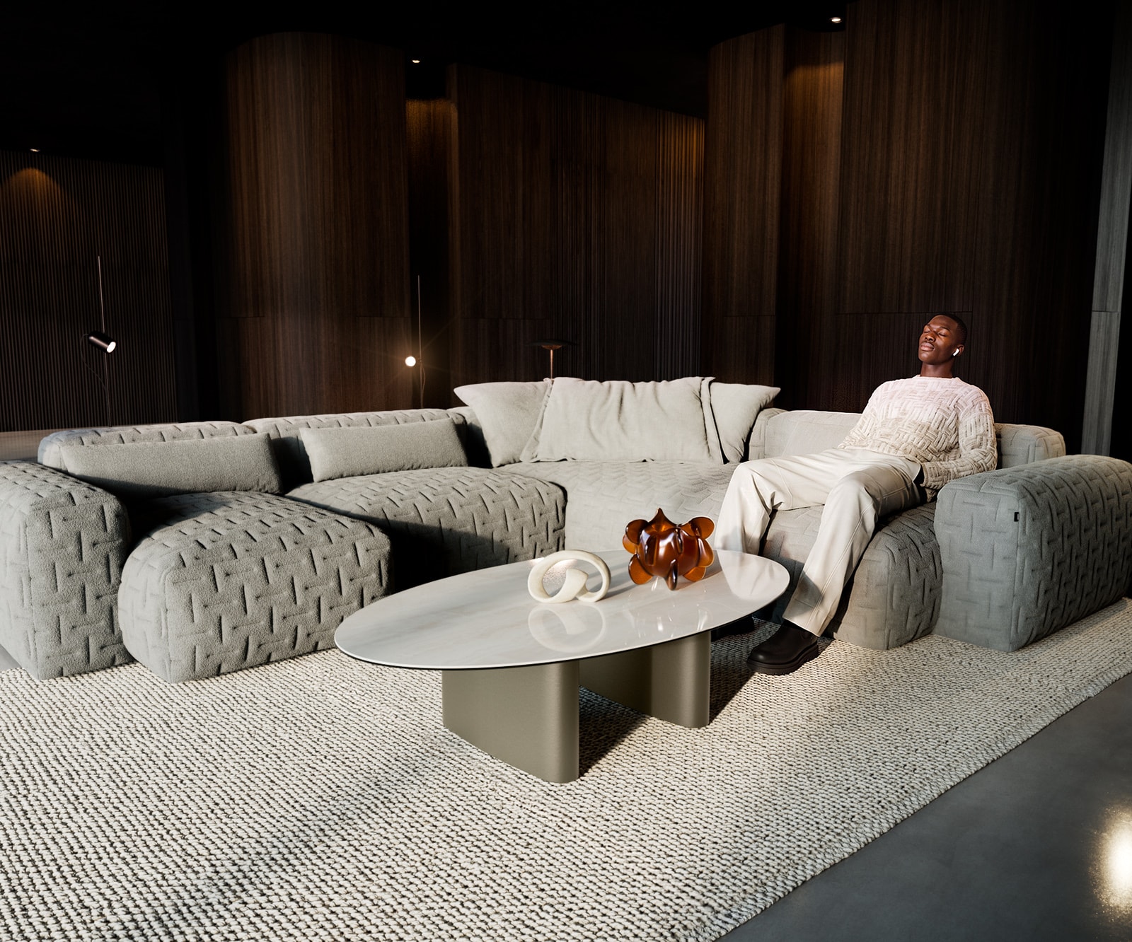 Couchtisch Edge Oval 135x80 cm Keramik Onyx Champagne Ovada Effektfinish Titan 7