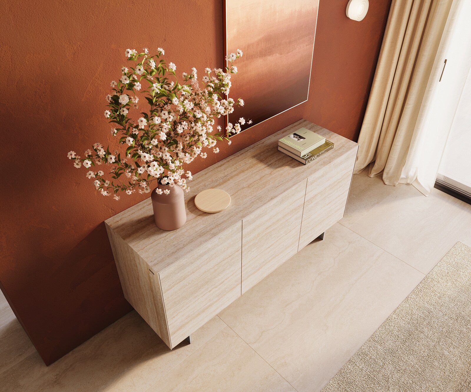 Sideboard Cuor 150 cm Keramik Laminam® Travertino Bianco Creme-Weiß 3 Türen Fuß Schwebeoptik Edelstahl 4