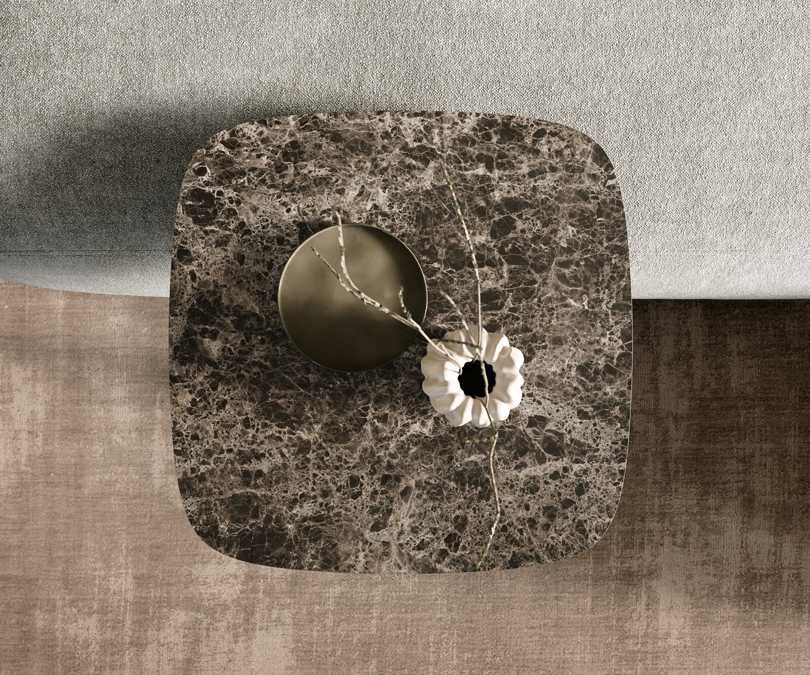 Couchtisch Edge Boot 50x50 cm Keramik Laminam® Emperador Extra Lucidato Dunkelbraun Eleny Metall Effektfinish Titan 3