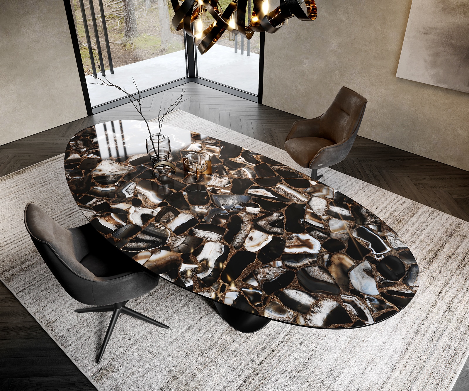Esstisch Edge Oval 280x130 cm Keramik Iris FMG Agatablack Infinity Metall Schwarz 1