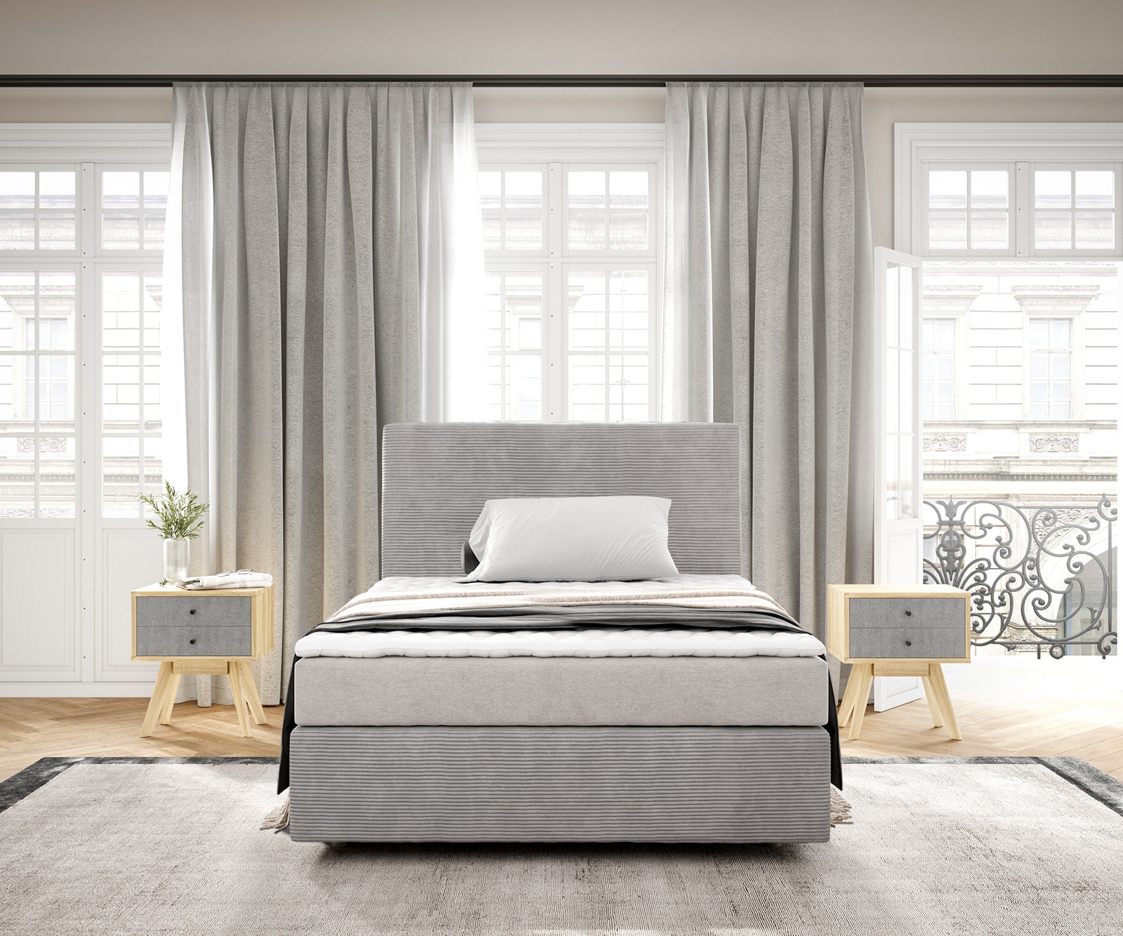 Boxspringbett Dream-Well 120x200 cm Cord Silbergrau mit Matratze und Topper 1 Boxspringbett Dream-Well 120x200 cm Cord Silbergrau mit Matratze und Topper 1