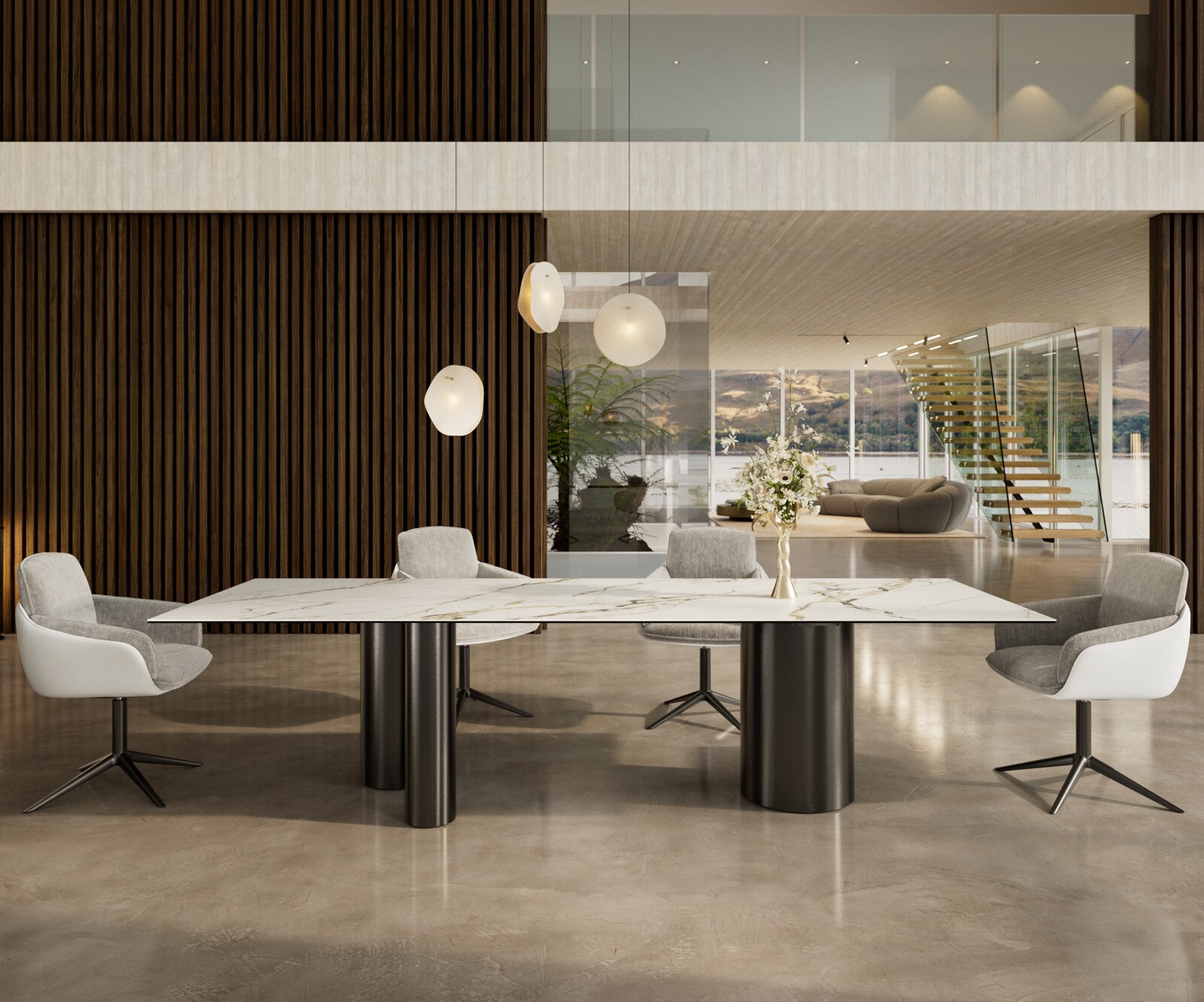 Esstisch Edge 300x100 Keramik Calacatta Luxe Weiß-Gold-Grau Troa Edelstahl Graphit