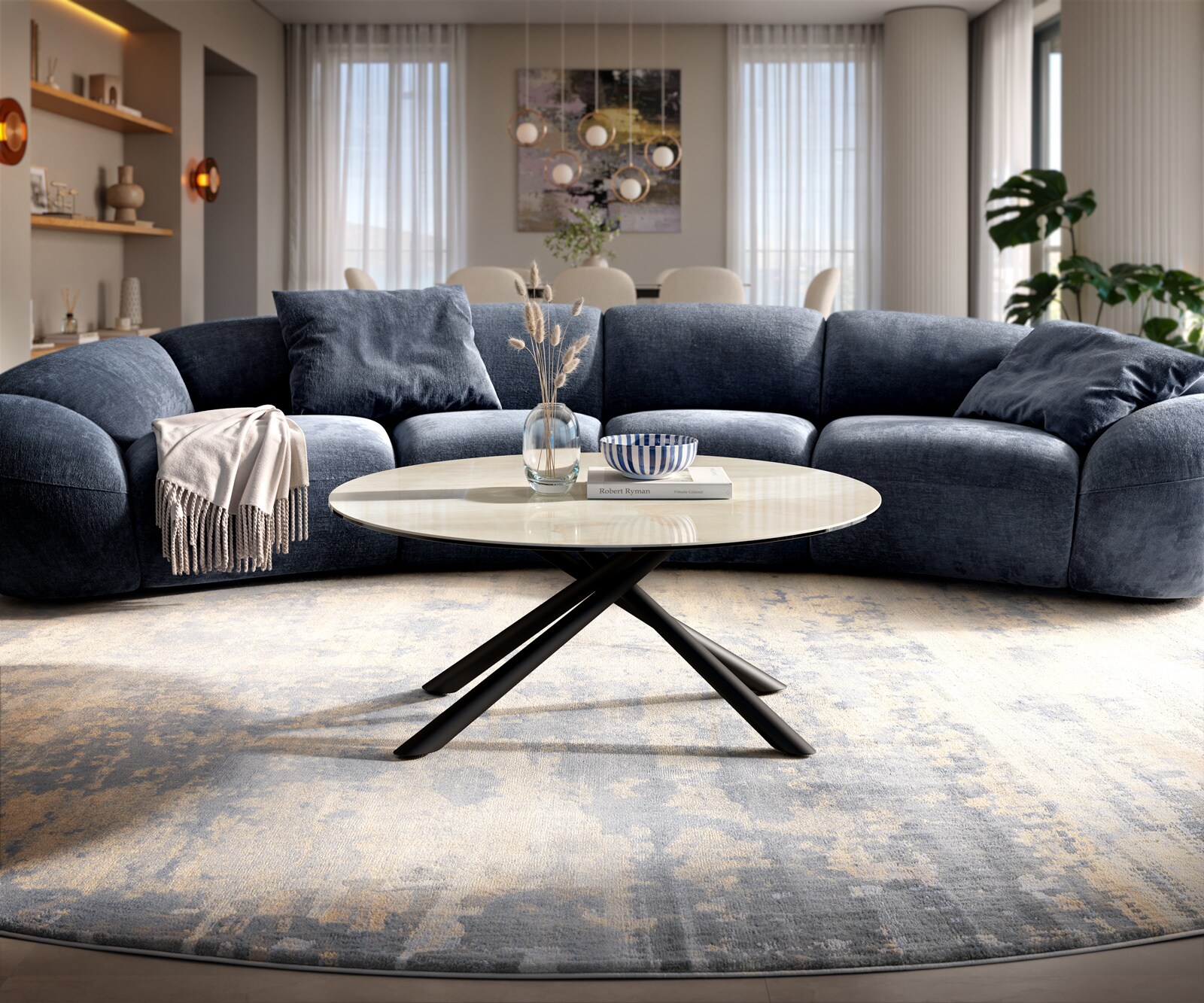 Couchtisch Edge Rund 100x100 cm Keramik Onyx Champagne Sarity Metall Schwarz