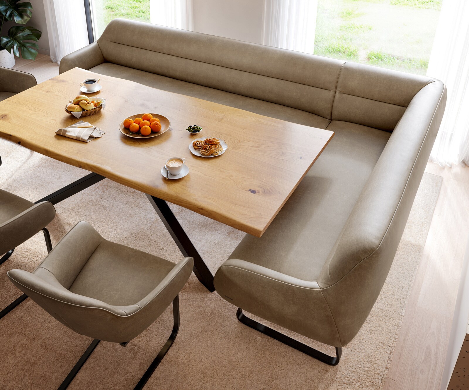 Esszimmerbank Taya-Flex 285x190 cm Mikrofaser Beige Vintage Kufengestell flach Schwarz Taschenfederkern Links 4