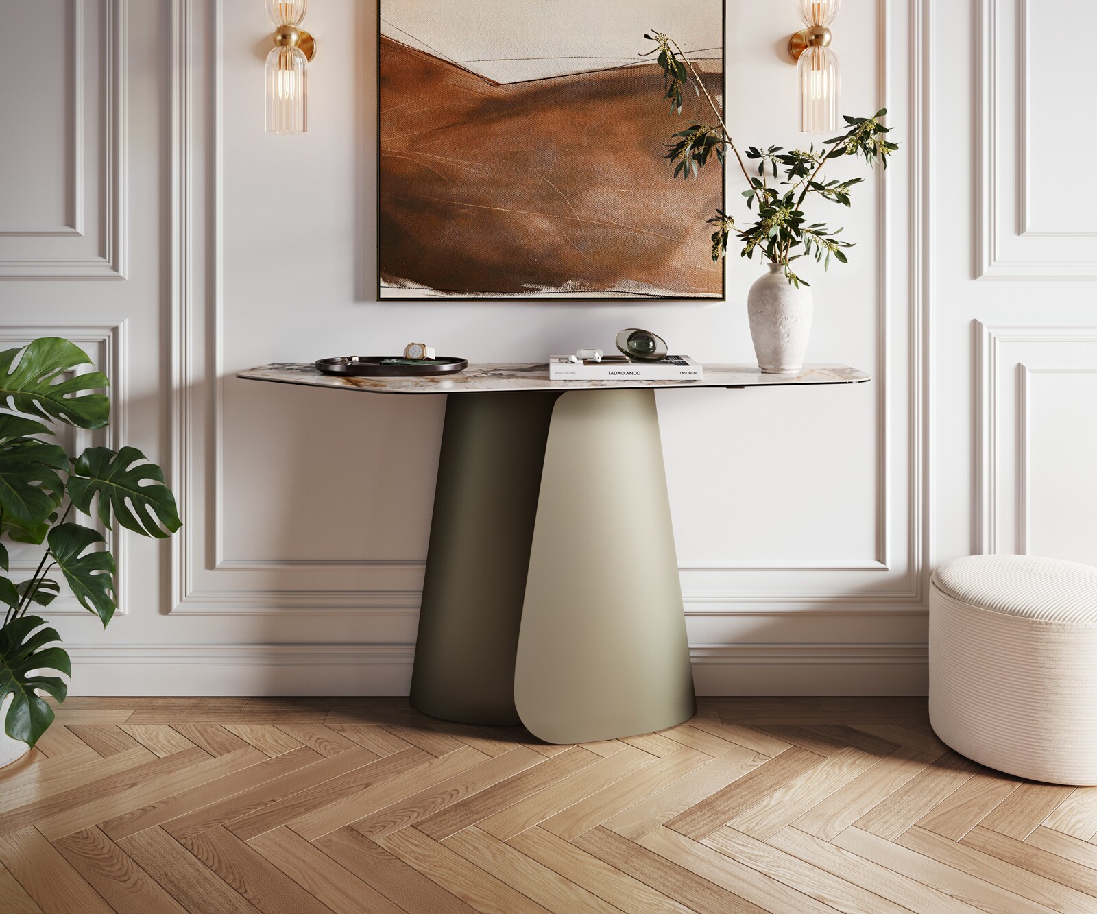 Konsolentisch Edge Polygonal 140x50 cm Keramik Patagonia Poliert Livos Metall Effektfinish Titan 3