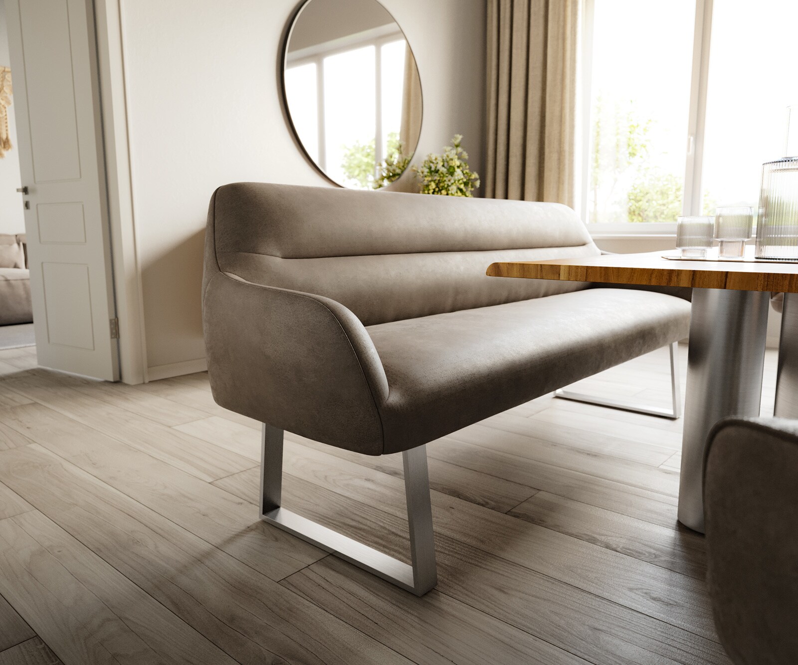 Esszimmerbank Taya-Flex 200 cm Mikrofaser Taupe Vintage Kufengestell kantig Edelstahl Taschenfederkern 4