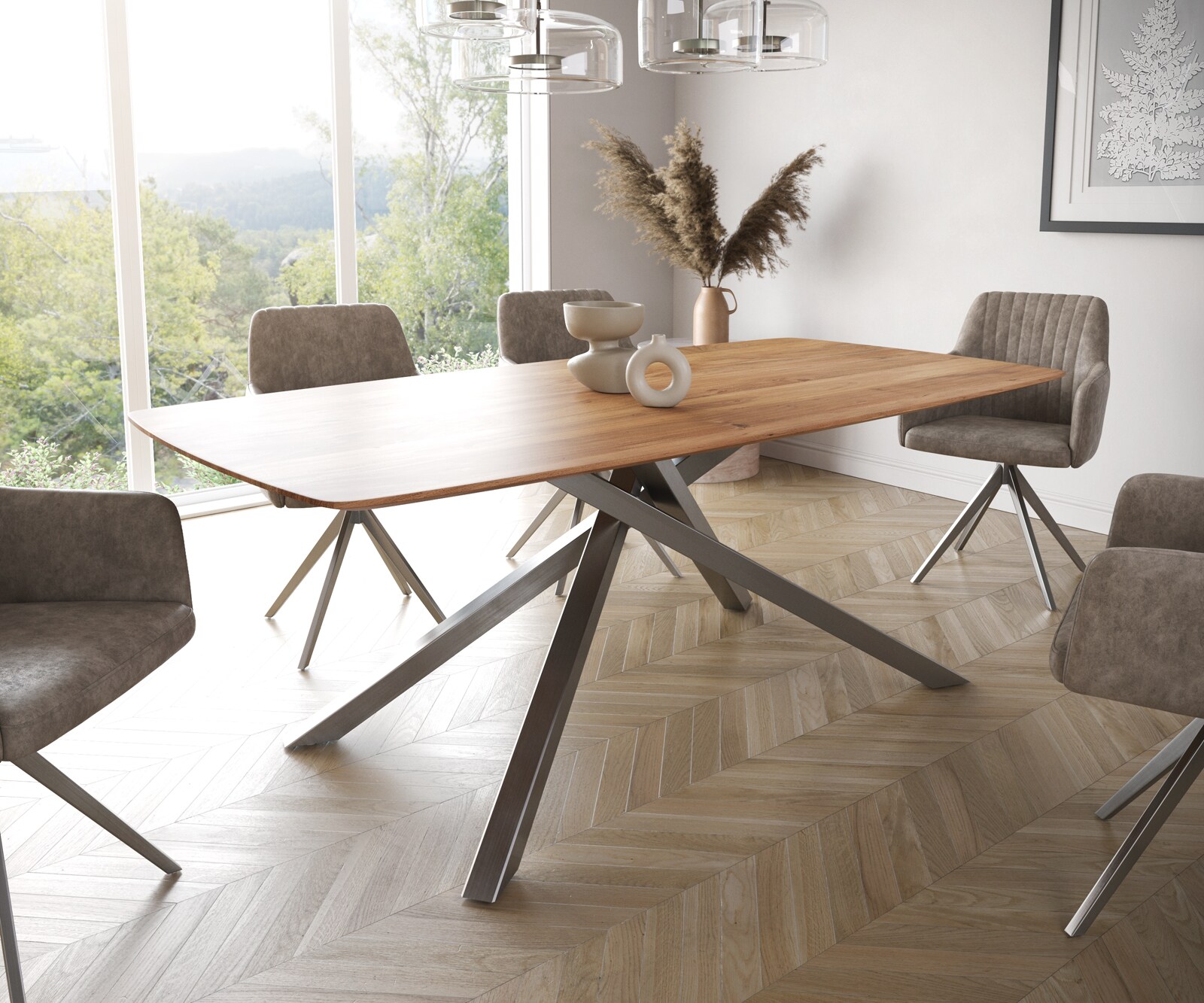 DELIFE Esstisch Edge Boot 200x100 Akazie Natur Kreuzgestell Rechteck Edelstahl Schweizer Kante