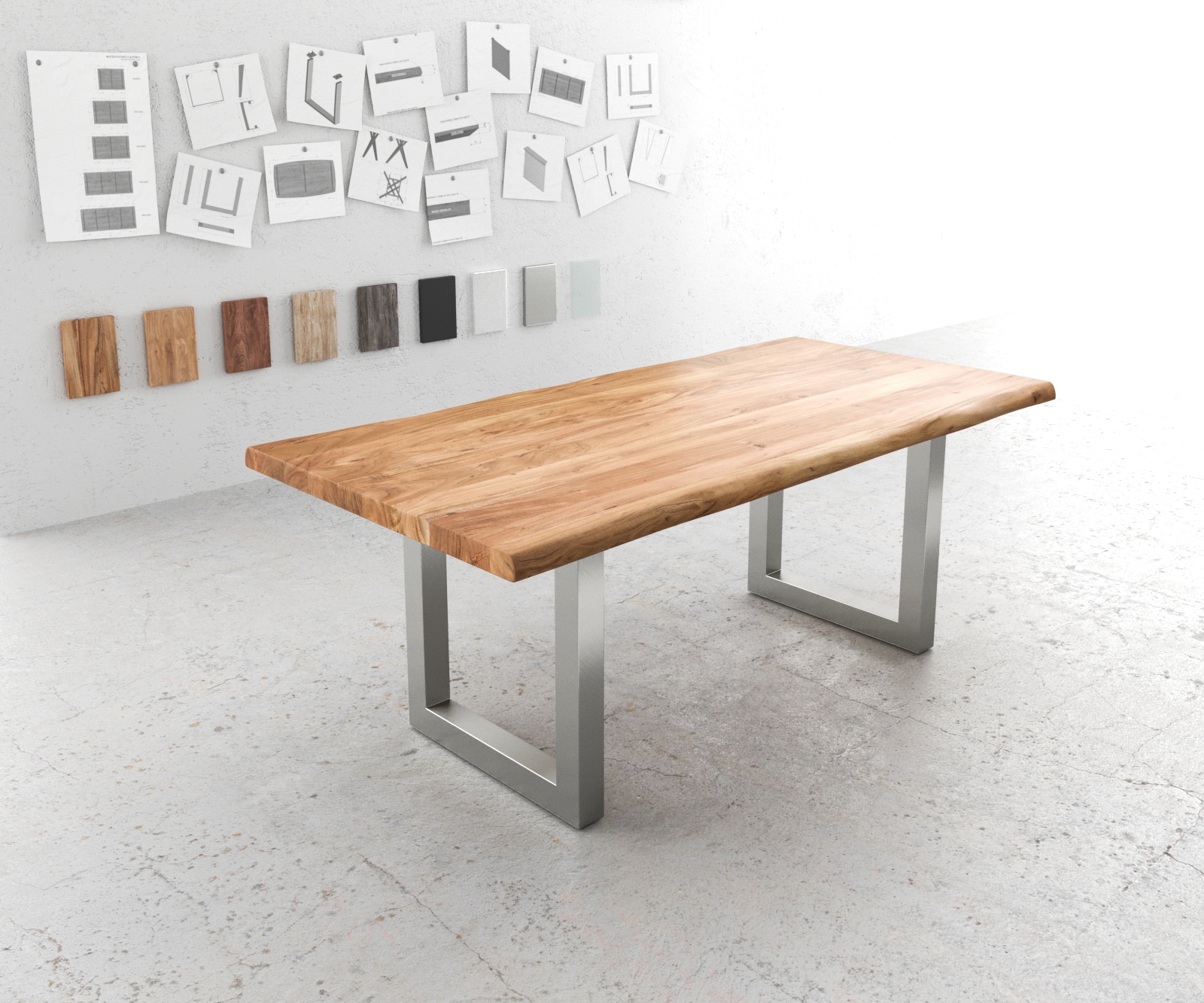 Esstisch Edge 200x100 XL Akazie Natur Edelstahl Breit Live-Edge Esstisch Edge 200x100 XL Akazie Natur Edelstahl Breit Live-Edge