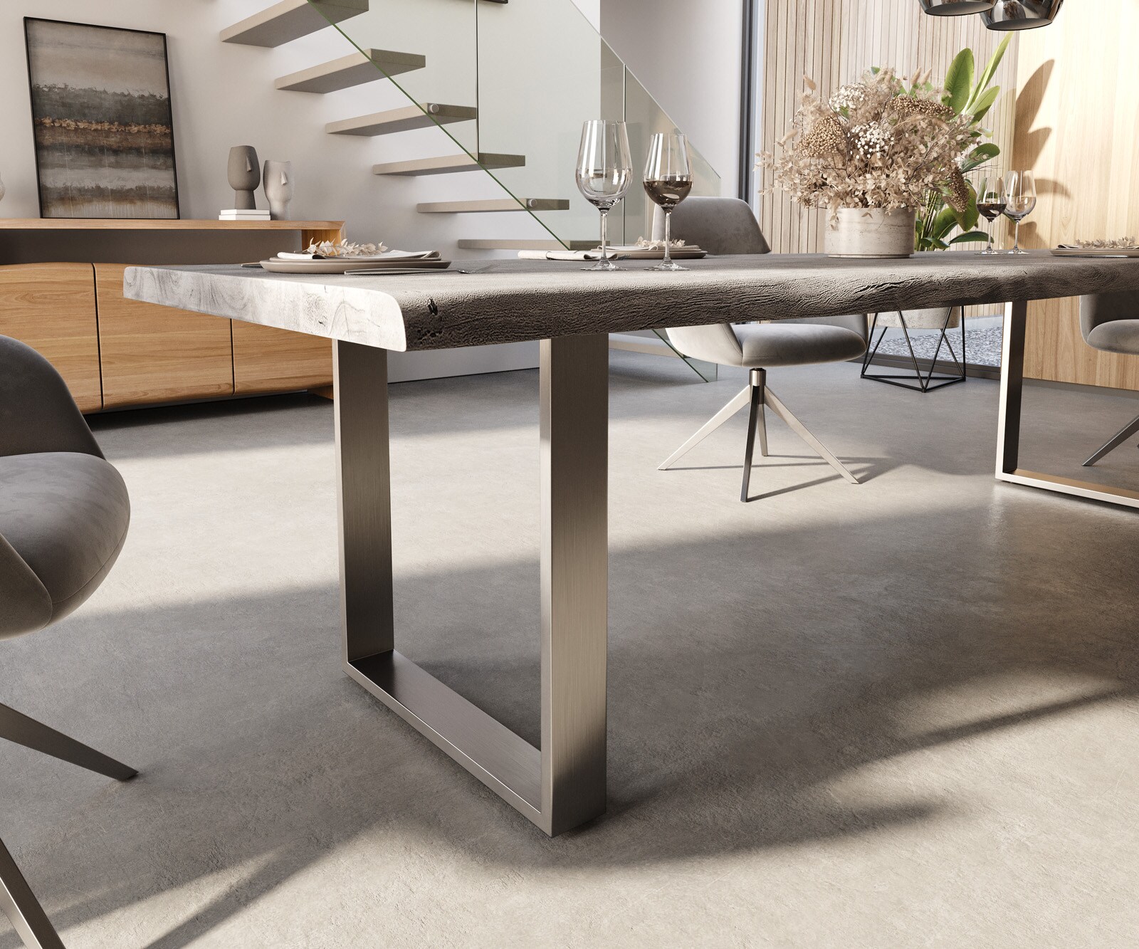 Esstisch Edge 300x100 XL Akazie Platin Edelstahl Schmal Live-Edge 5