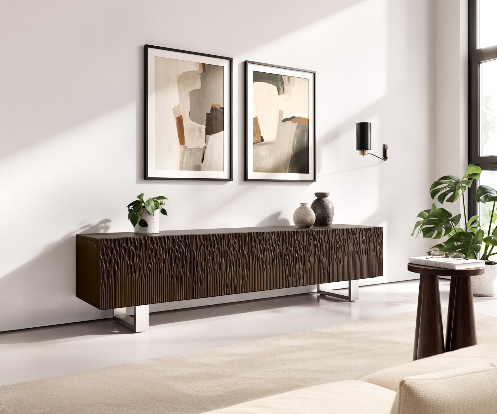 Lowboard Follia 200 cm Mango Braun 4 Türen Kufe Edelstahl gebürstet