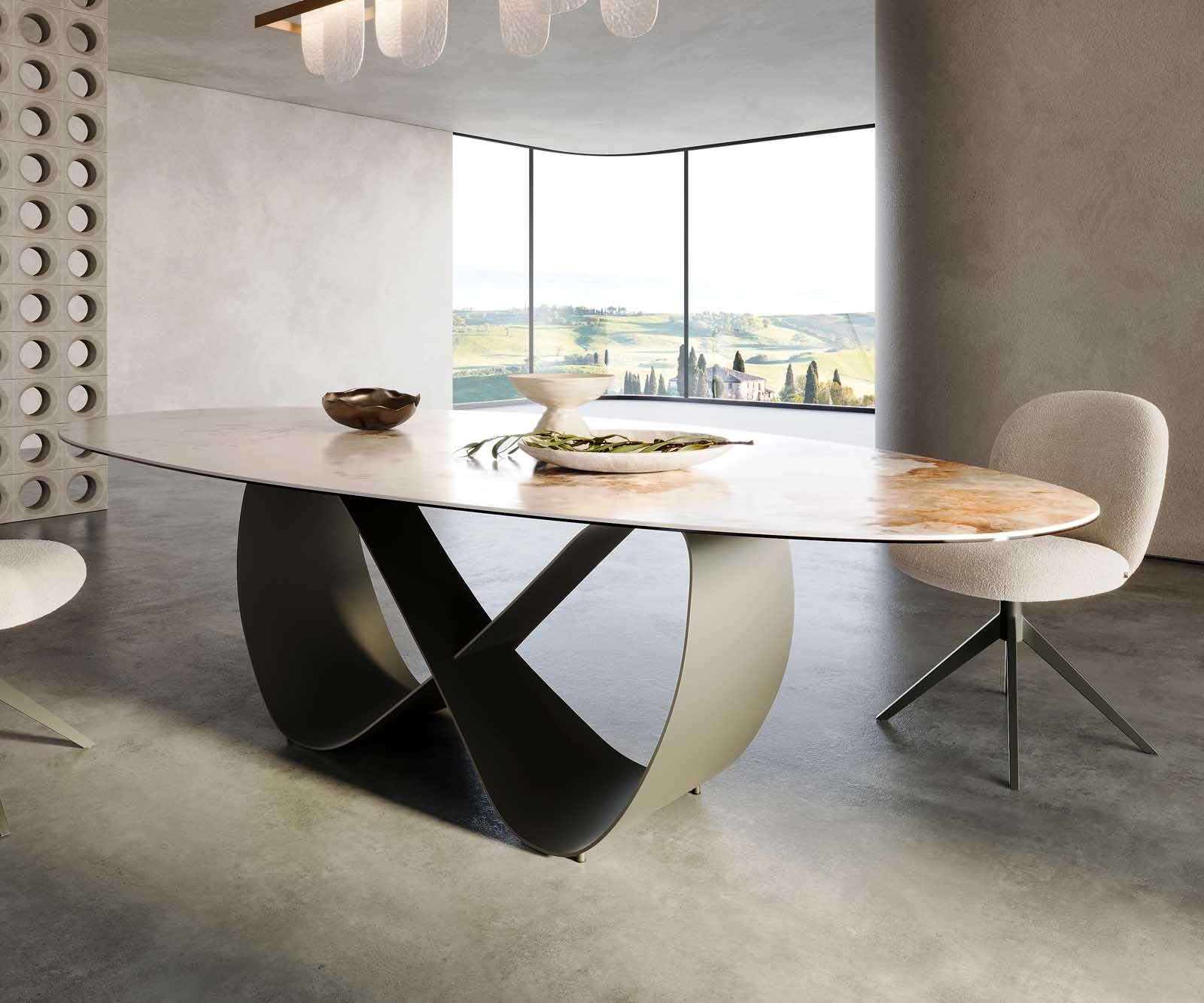 Esstisch Edge Oval 280x130 Keramik Minas Melange Weiß-Beige Infinity Metall Effektfinish Titan 5