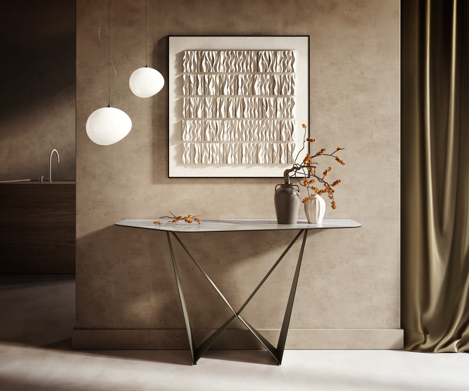 DELIFE Konsolentisch Edge Polygonal 140x50 cm Keramik Onyx Pearl Spios Metall Effektfinish Titan, Konsolentische - Grau-Beige B140 x T50 x H79 cm