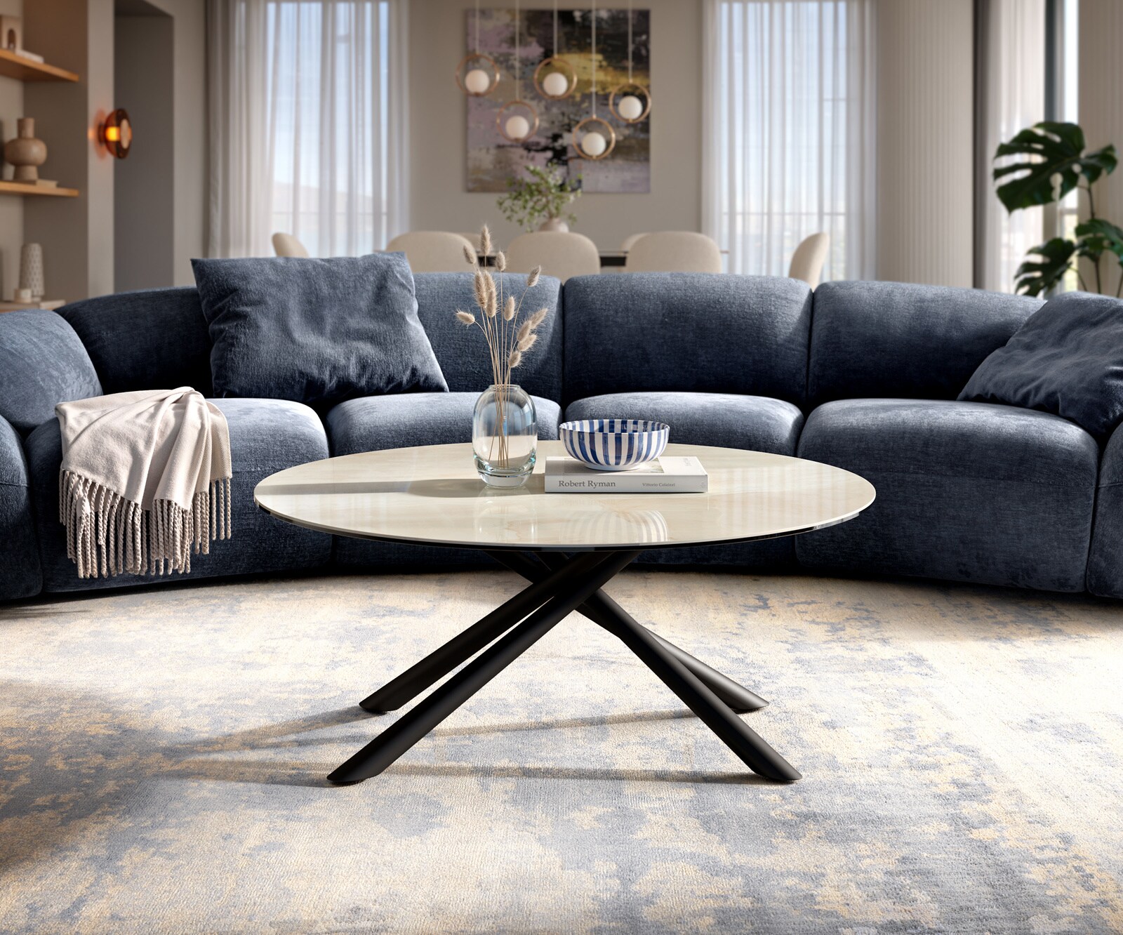 Couchtisch Edge Rund 100x100 cm Keramik Onyx Champagne Sarity Metall Schwarz