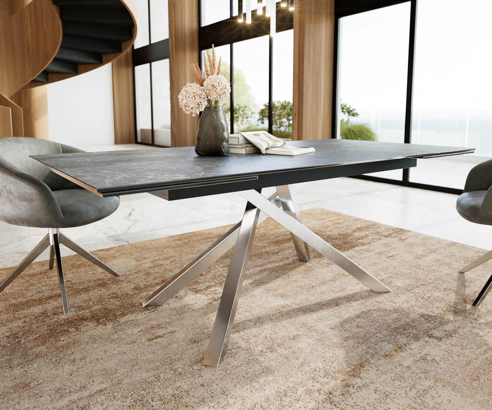 Esstisch Edge 200-300x100 Keramik Laminam®Nero Greco Anthrazit Kreuzgestell Rechteck Edelstahl ausziehbar 4 Esstisch Edge 200-300x100 Keramik Laminam®Nero Greco Anthrazit Kreuzgestell Rechteck Edelstahl ausziehbar 4