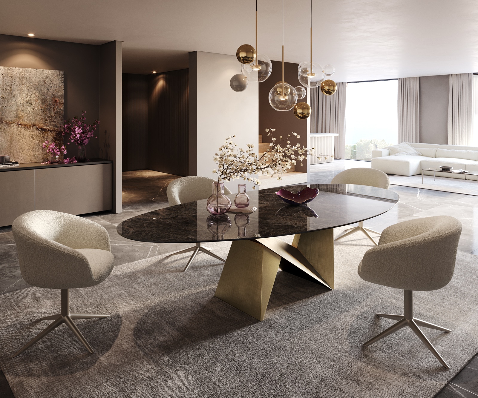 Esstisch Edge Oval 280x130 Keramik Laminam® Emperador Extra Lucidato Dunkelbraun Origami Metallic Gold 7