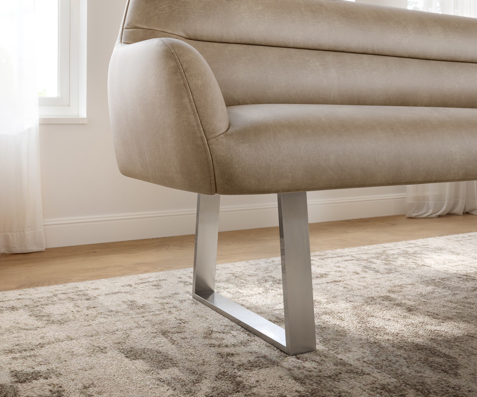 Esszimmerbank Taya-Flex 200 cm Mikrofaser Beige Vintage Kufengestell kantig Edelstahl Taschenfederkern 4