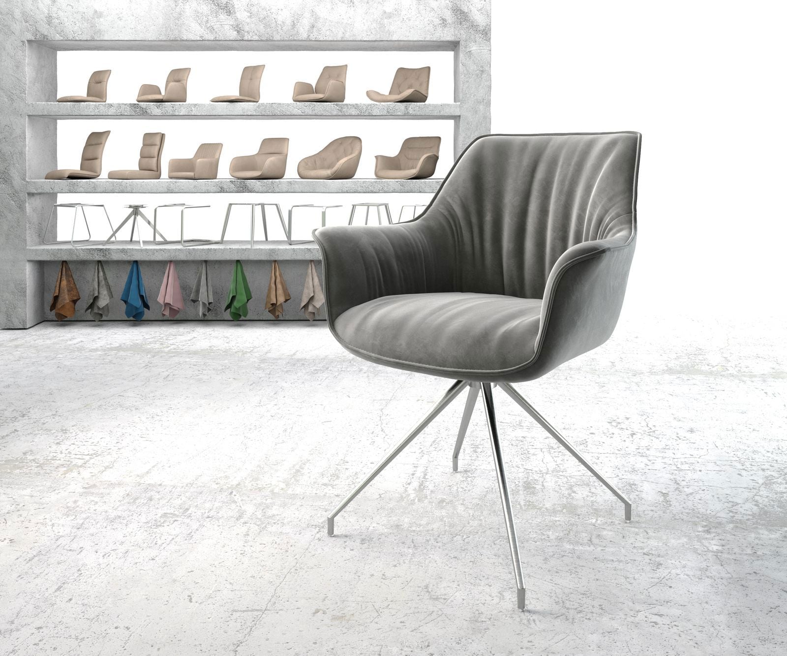 Esszimmerstuhl Keila-Flex mit Armlehnen Samt Grau Kreuzgestell konisch Edelstahl Esszimmerstuhl Keila-Flex mit Armlehnen Samt Grau Kreuzgestell konisch Edelstahl