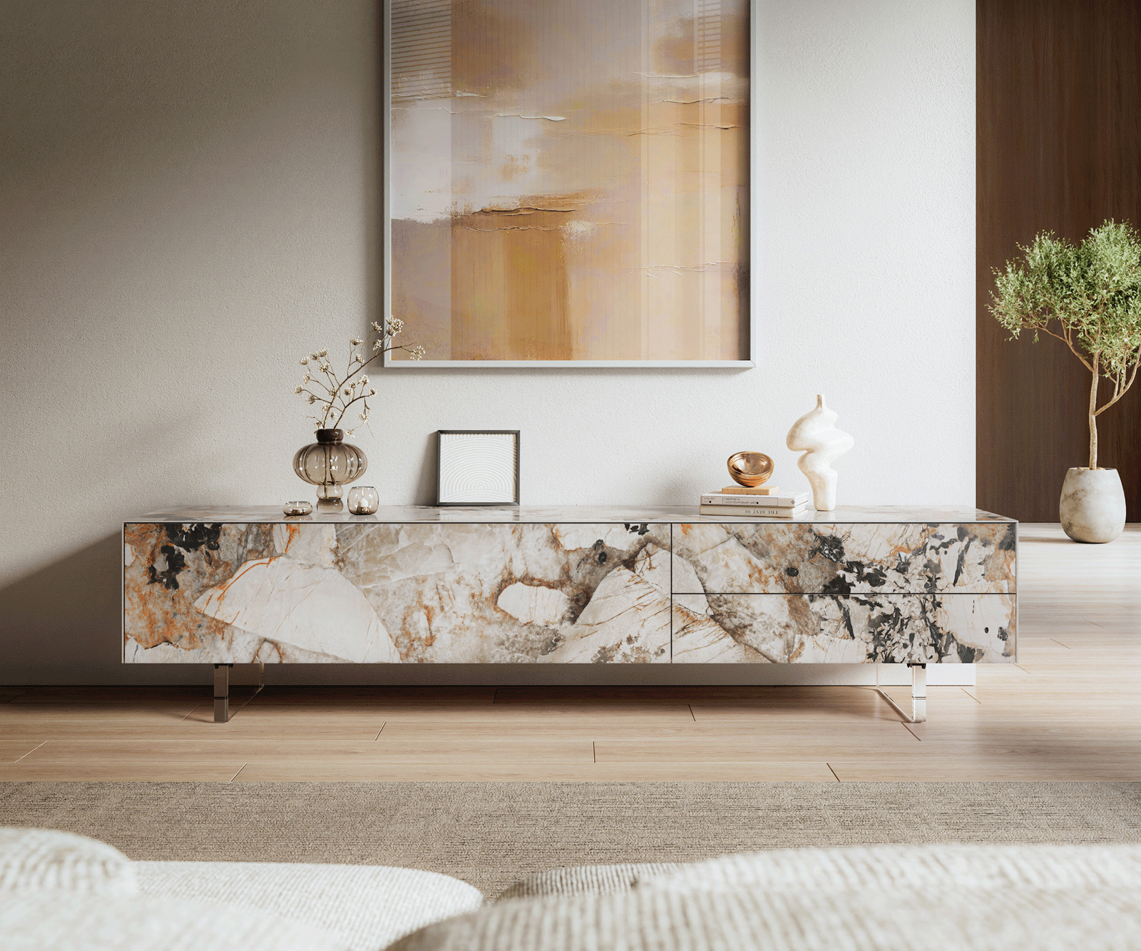 Lowboard Cuor 220 cm Keramik Patagonia Poliert 1 Klappe 2 Schubfächer Fuß Schwebeoptik Acrylglas 1