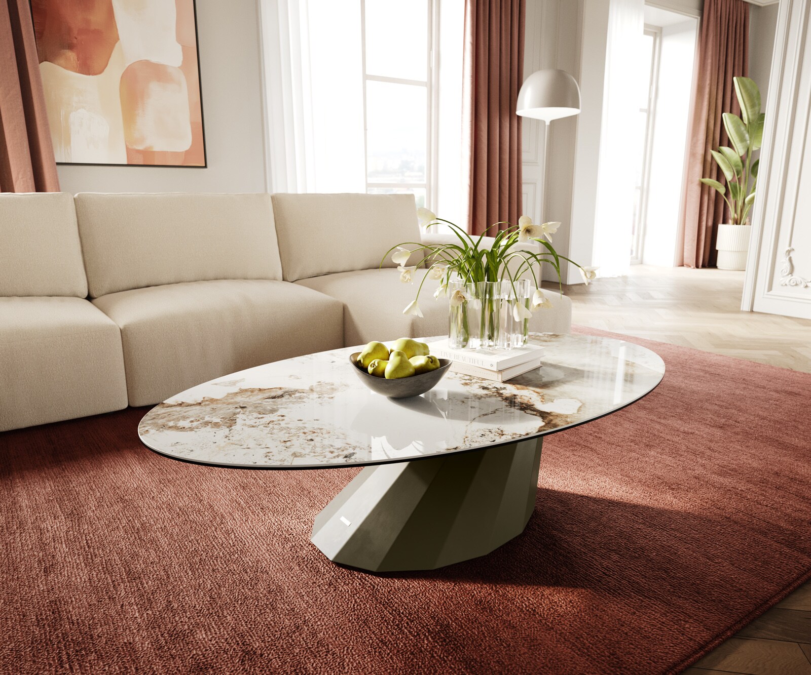 DELIFE Couchtisch Edge Oval 140x80 cm Keramik Minas Melange Parabi Metall Effektfinish Titan