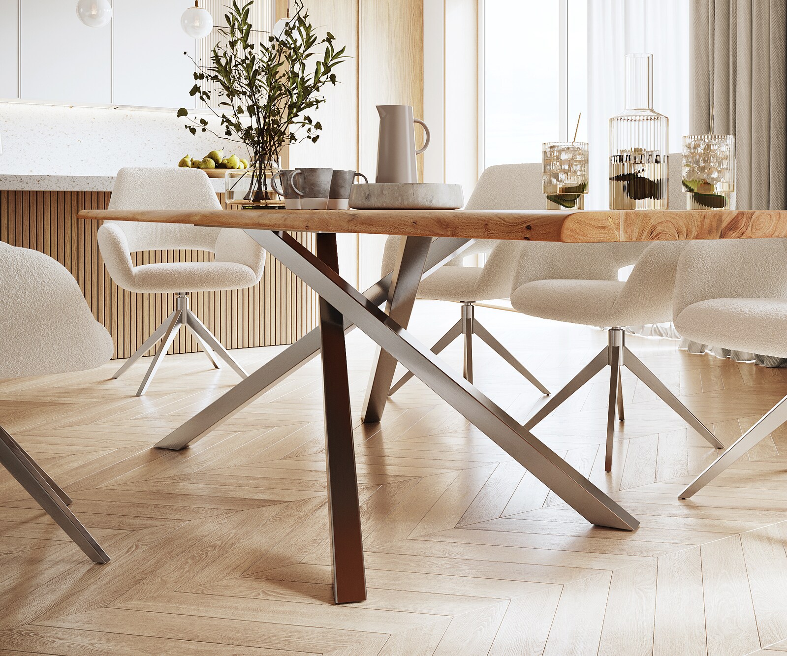 Esstisch Edge 300x100 Akazie Natur Kreuzgestell Rechteck Edelstahl Live-Edge 4