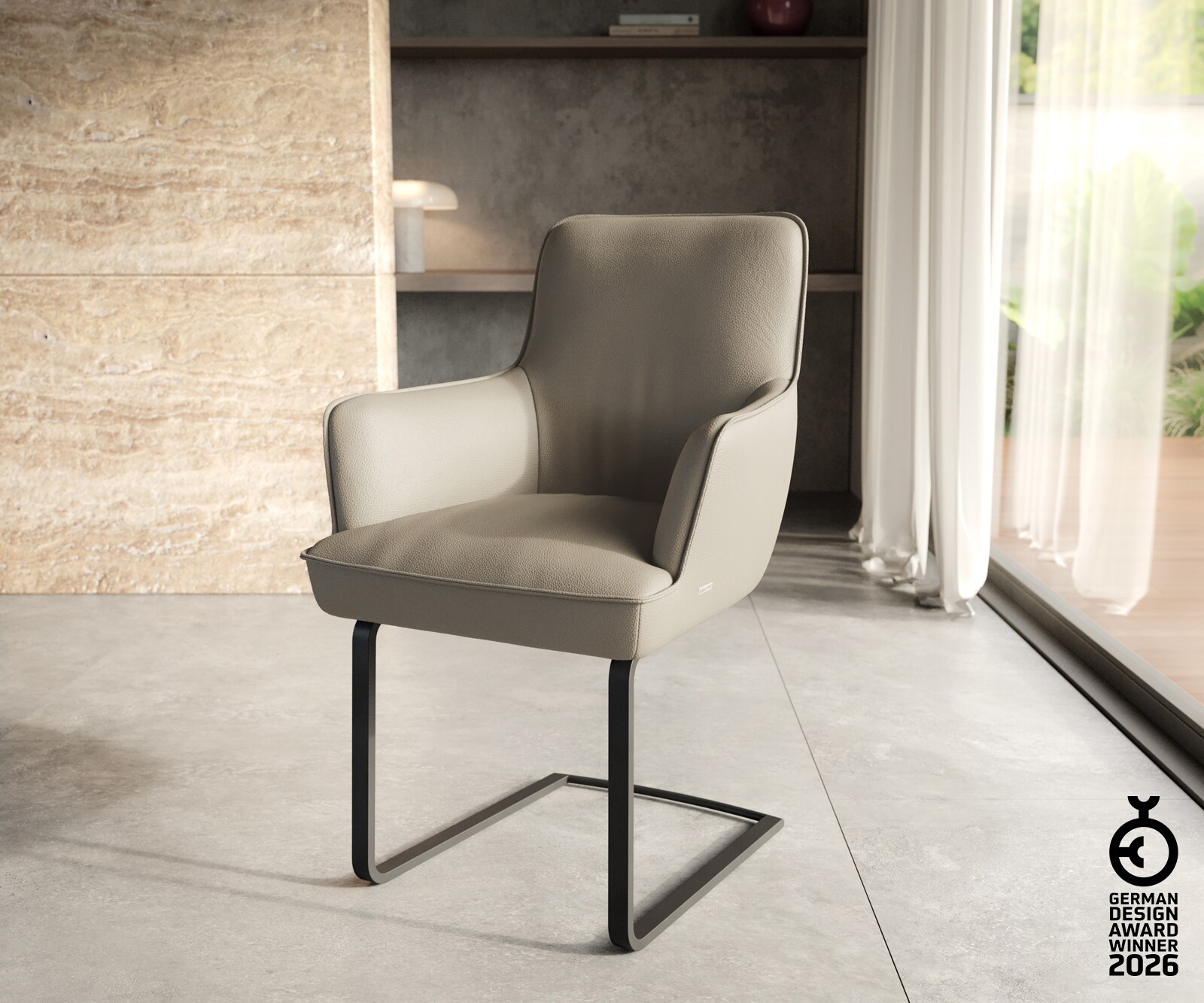 Freischwinger Heira-Flex mit Armlehnen Echt-Leder Schlamm Freischwinger flach Schwarz Taschenfederkern