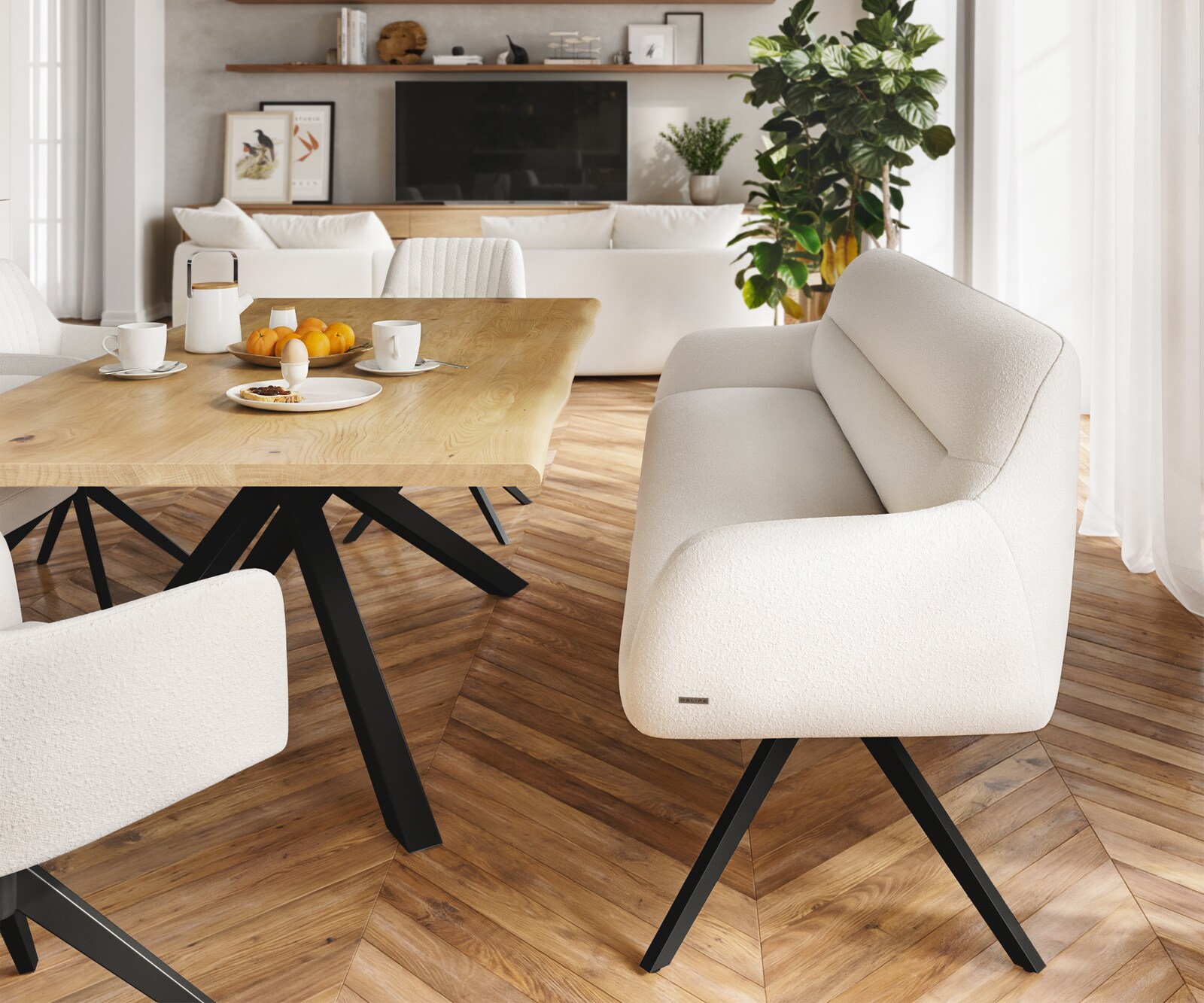 Esszimmerbank Taya-Flex 200 cm Bouclé Creme-Weiß Kreuzgestell kantig Schwarz Taschenfederkern 2