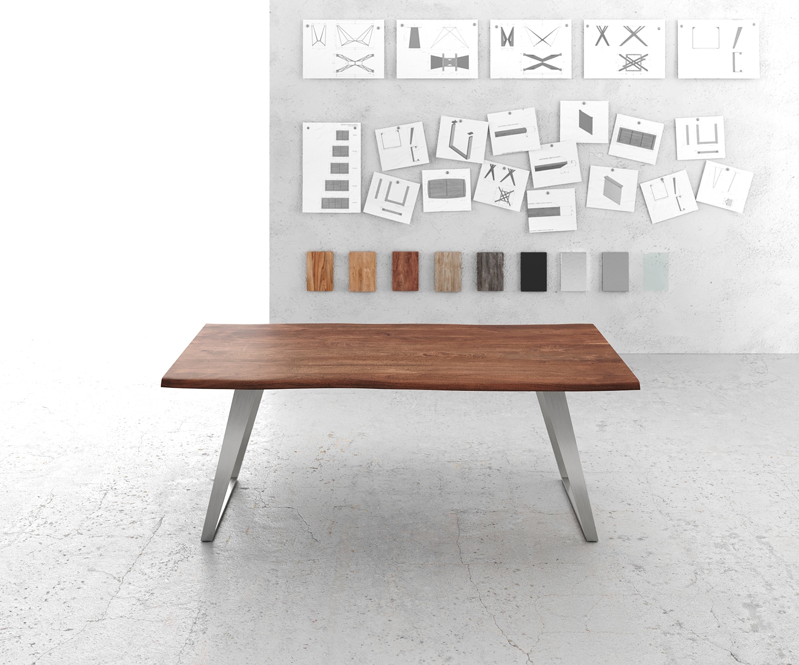 Esstisch Edge 200x100cm Akazie Braun Edelstahl Silber schräg Live-Edge 1 Esstisch Edge 200x100cm Akazie Braun Edelstahl Silber schräg Live-Edge 1