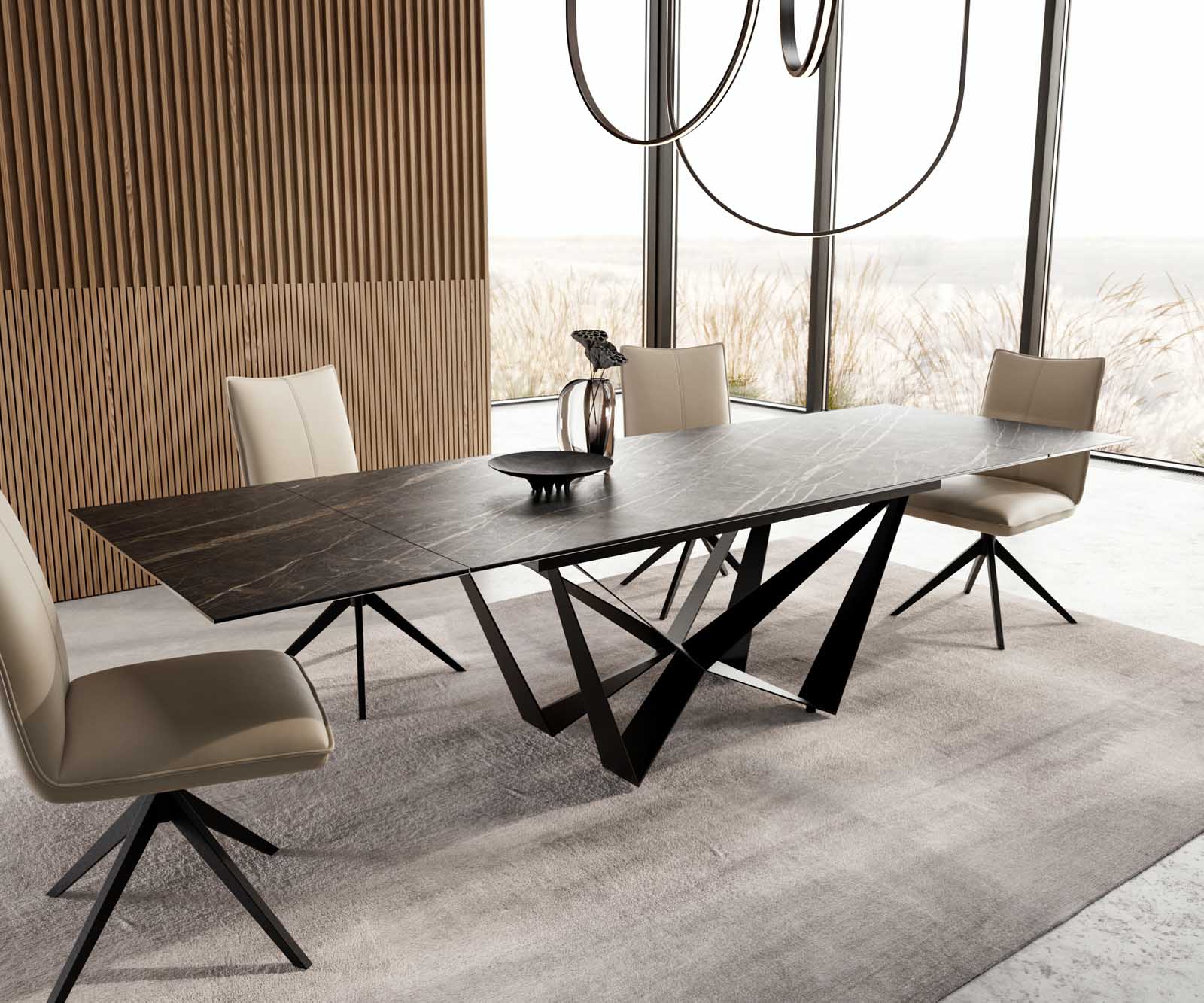 Esstisch Edge 200-300x100 Keramik Laminam®Noir Desir Braun Spider Flachstahl Schwarz ausziehbar 7