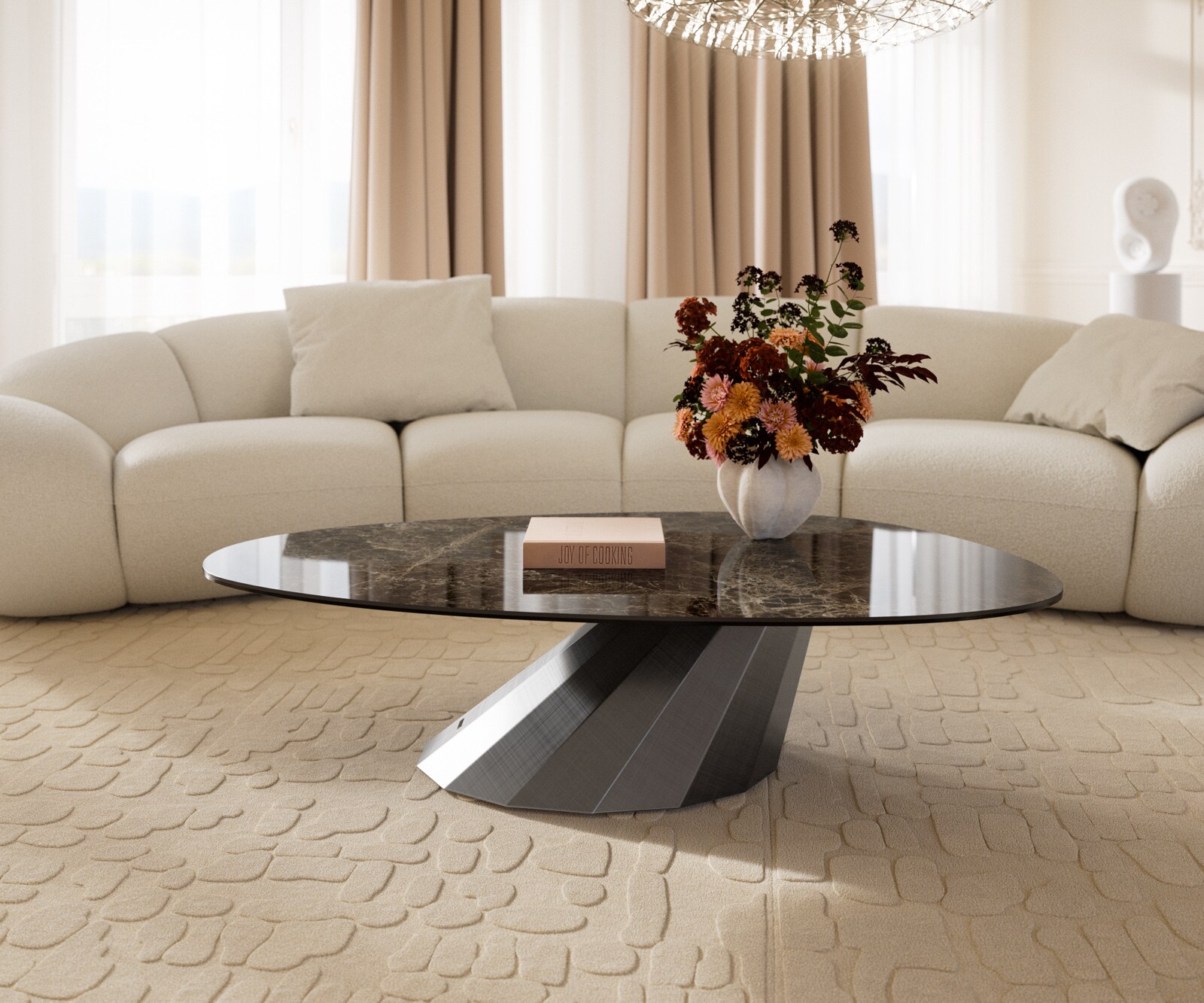 Couchtisch Edge Oval 140x75 cm Keramik Laminam® Emperador Extra Lucidato Dunkelbraun Parabi Metallic Silber 2