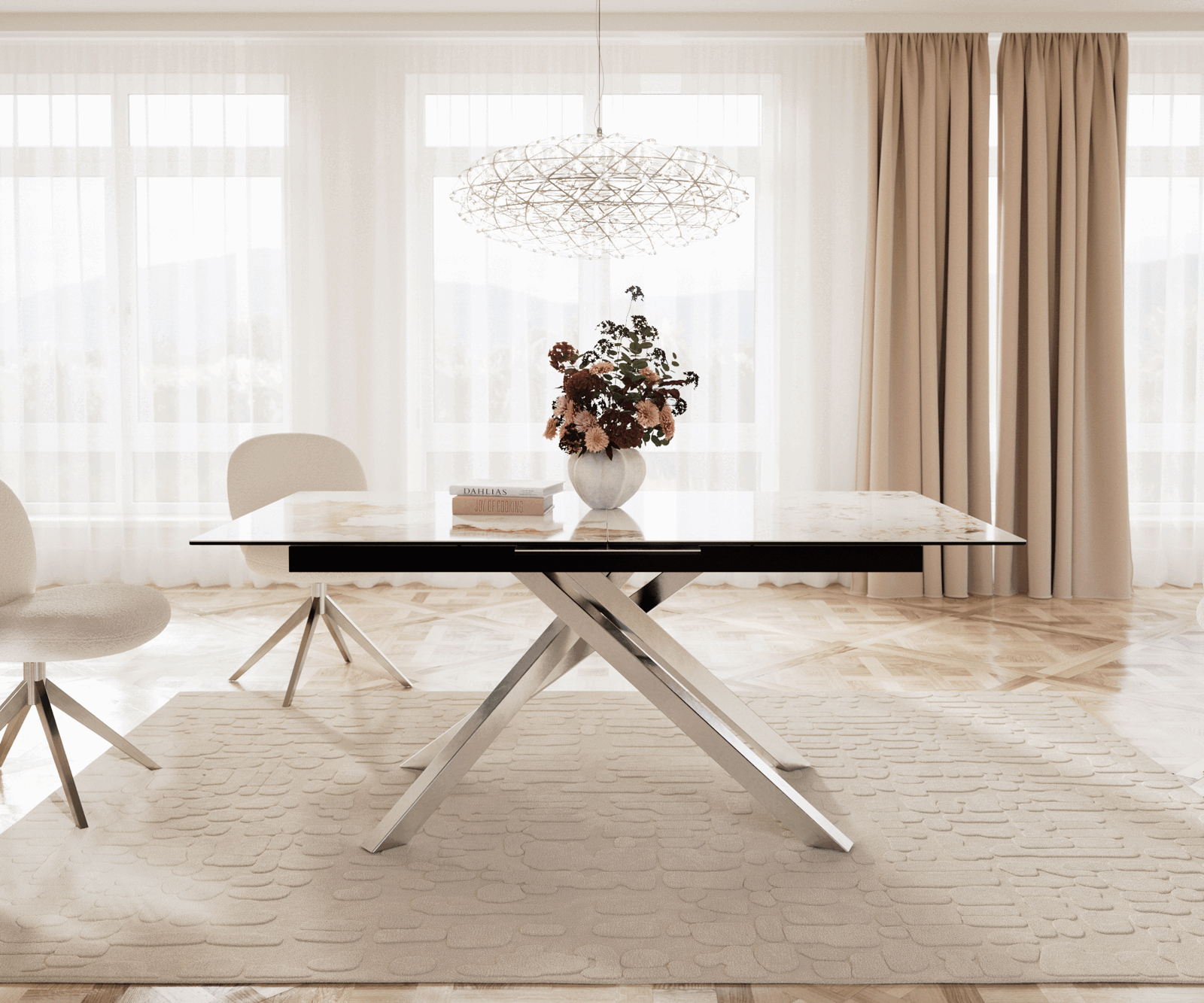Esstisch Edge 180-220x100 Keramik Minas Melange Weiß-Beige Kreuzgestell Rechteck Edelstahl ausziehbar 1