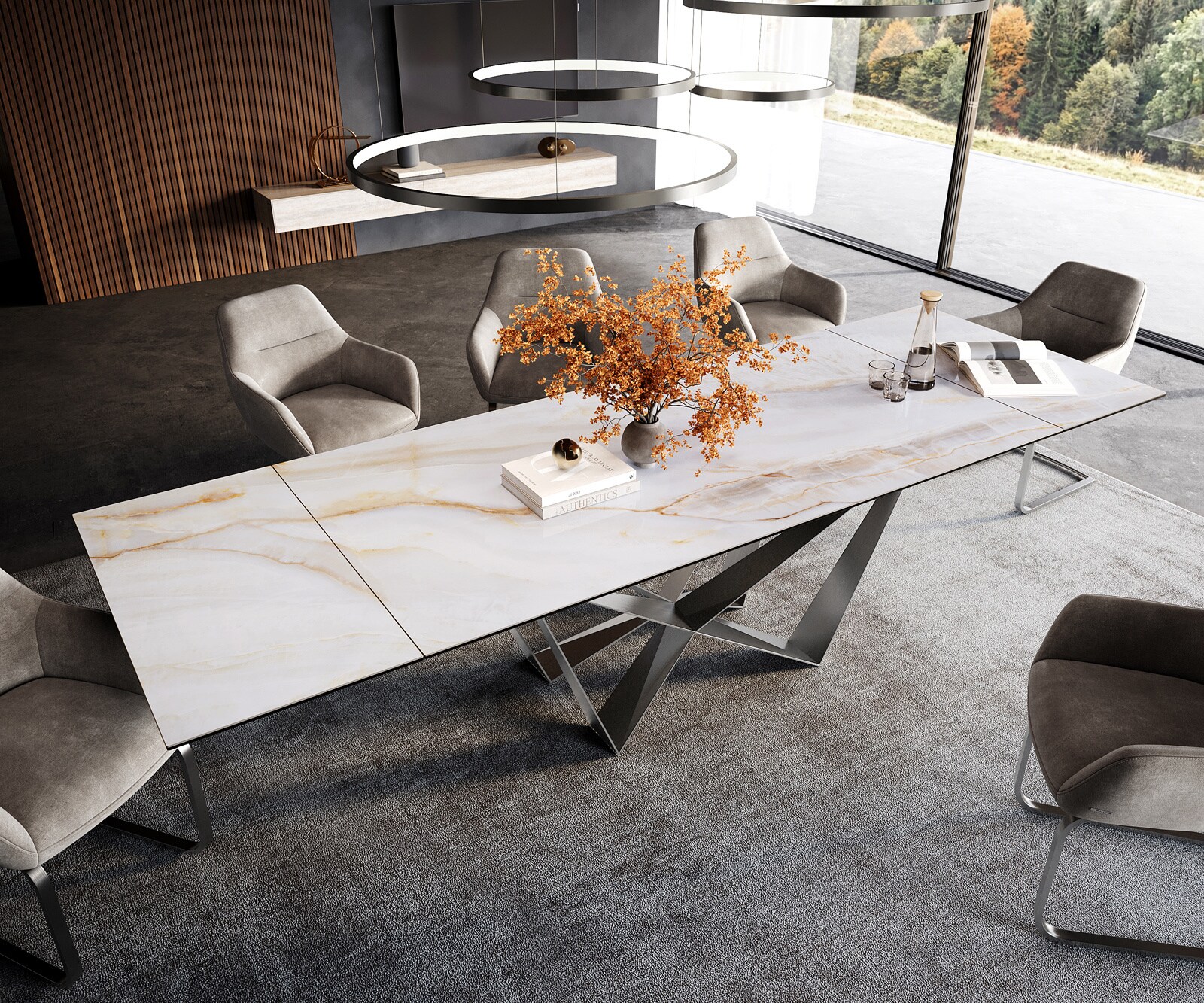 Esstisch Edge 200-300x100 cm Keramik Onyx Pearl Spider Flachstahl Edelstahl ausziehbar 4
