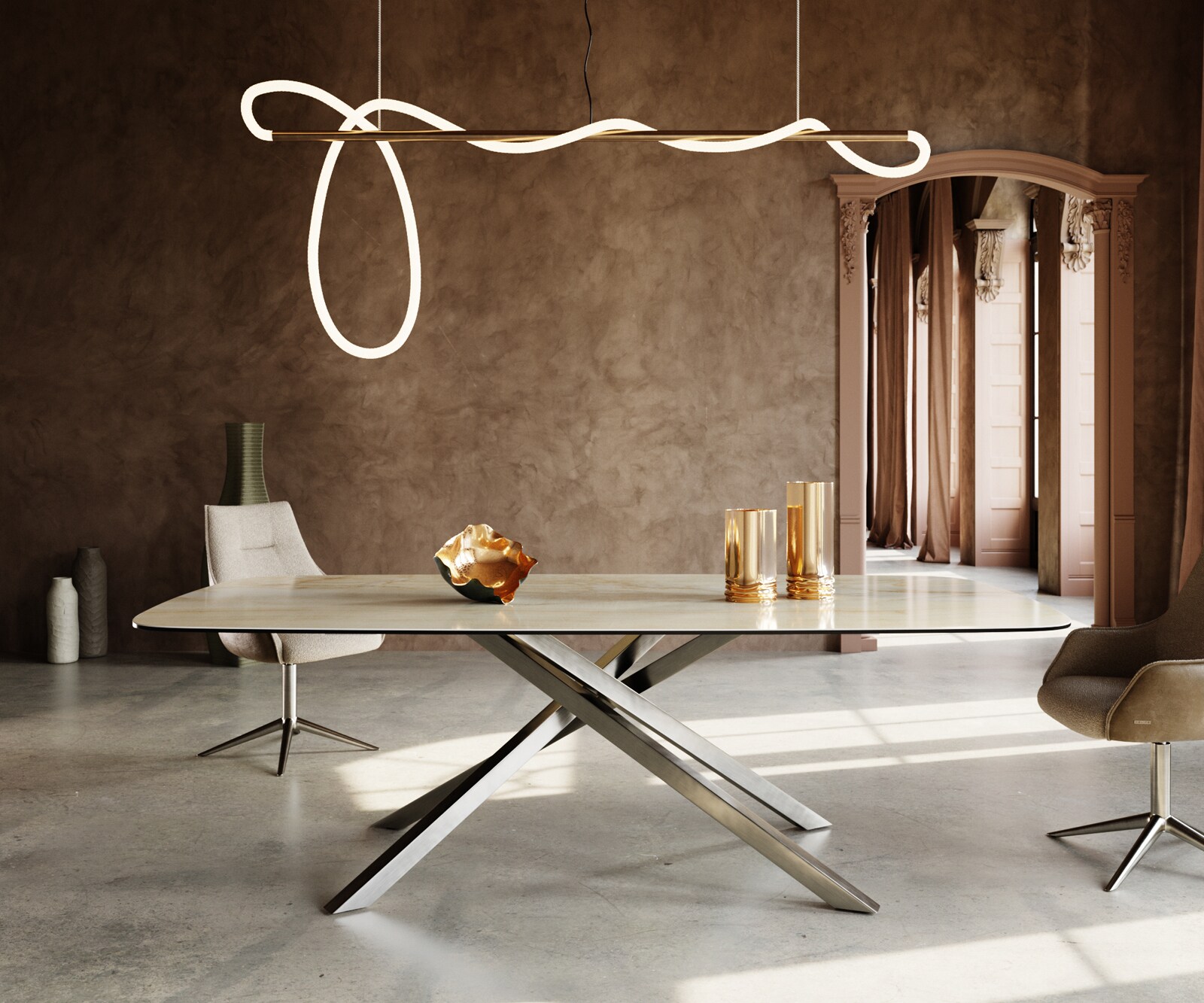 Esstisch Edge Boot 240x120 cm Keramik Iris FMG Onice Oro Kreuzgestell Rechteck Edelstahl 2