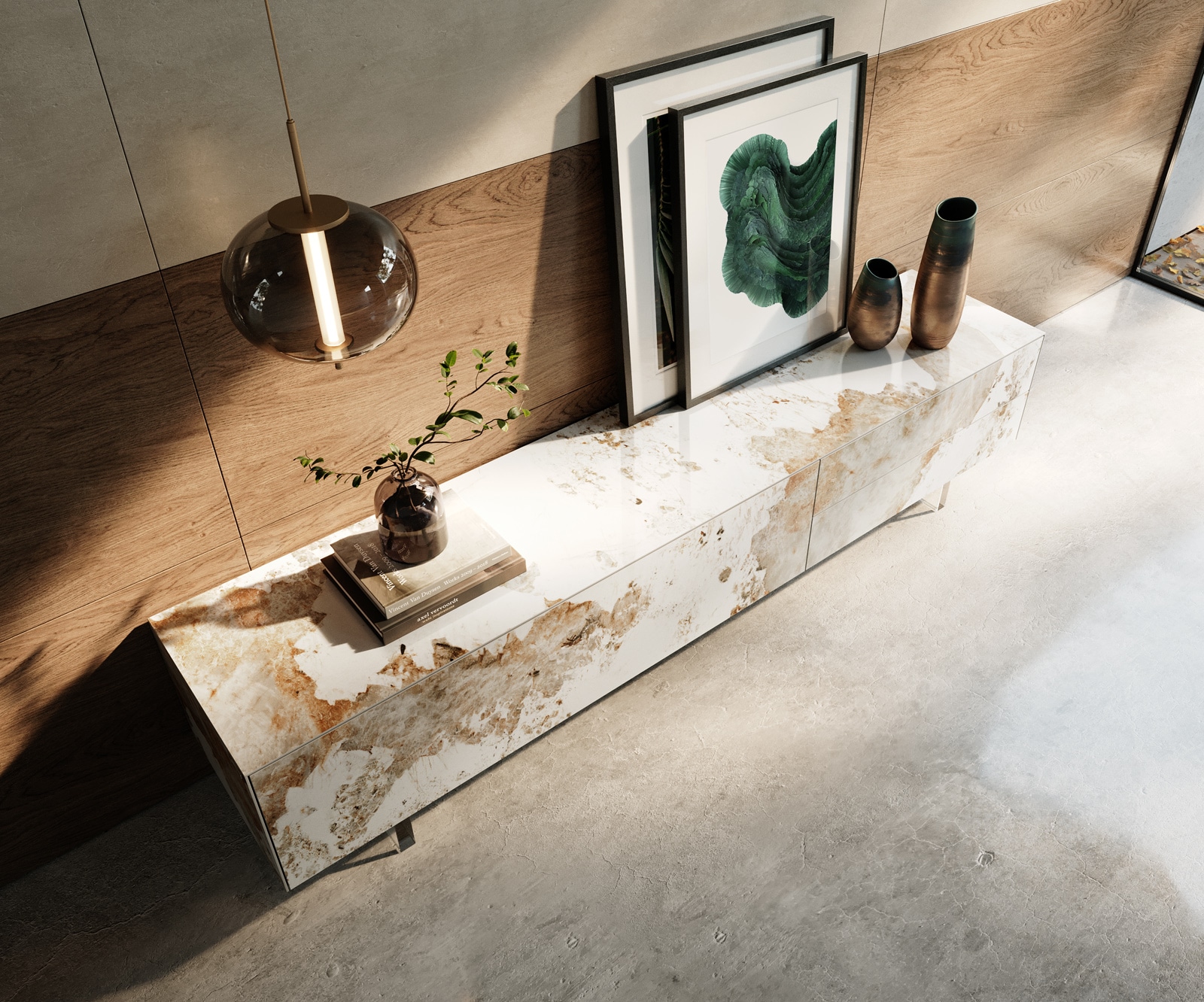 Lowboard Cuor 220 cm Keramik Minas Melange Weiß-Beige 1 Klappe 2 Schubfächer Fuß Schwebeoptik Acrylglas 3