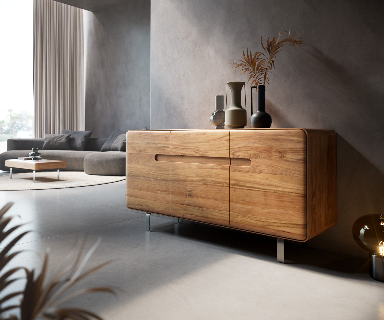Sideboard Anaya 145 cm Akazie Natur 3 Türen L-Fuß Edelstahl 1