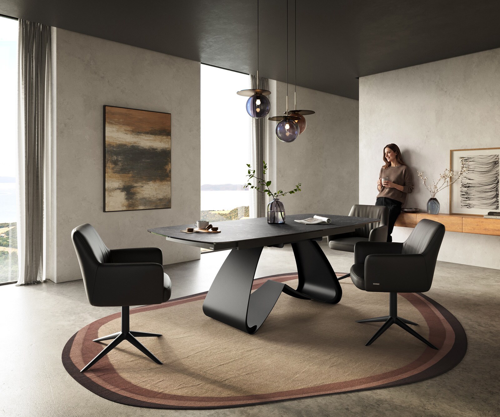 Esstisch Edge Boot 180-220x100 cm Keramik Laminam® Nero Greco Anthrazit W-Gestell Metall Schwarz ausziehbar 6