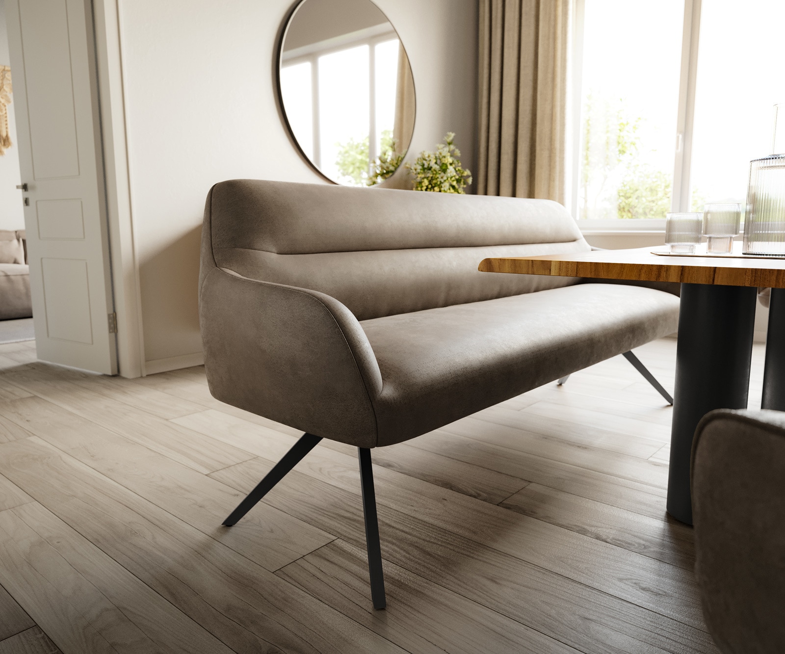 Esszimmerbank Taya-Flex 200 cm Mikrofaser Taupe Vintage Kreuzgestell kantig Schwarz Taschenfederkern 4