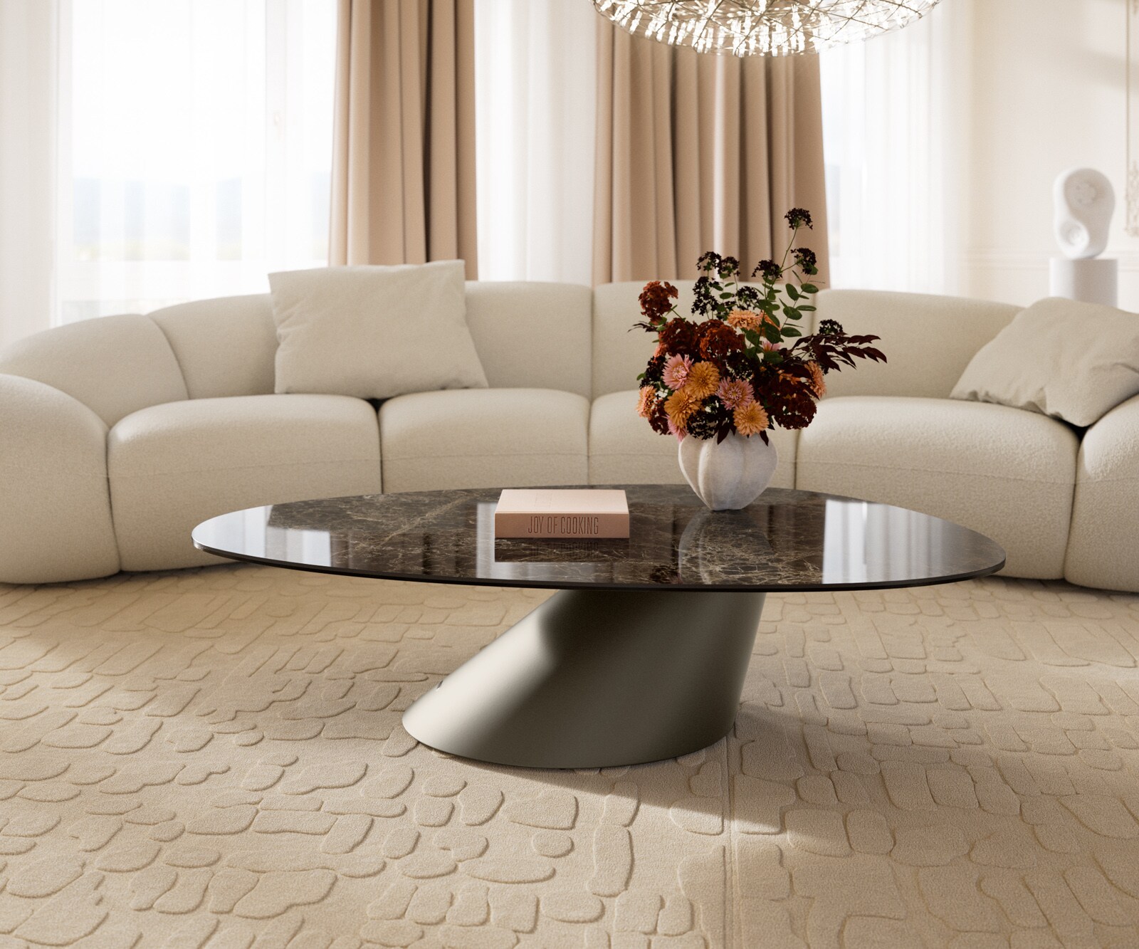 Couchtisch Edge Oval 140x75 cm Keramik Laminam® Emperador Extra Lucidato Dunkelbraun Conis Metall Effektfinish Titan 2
