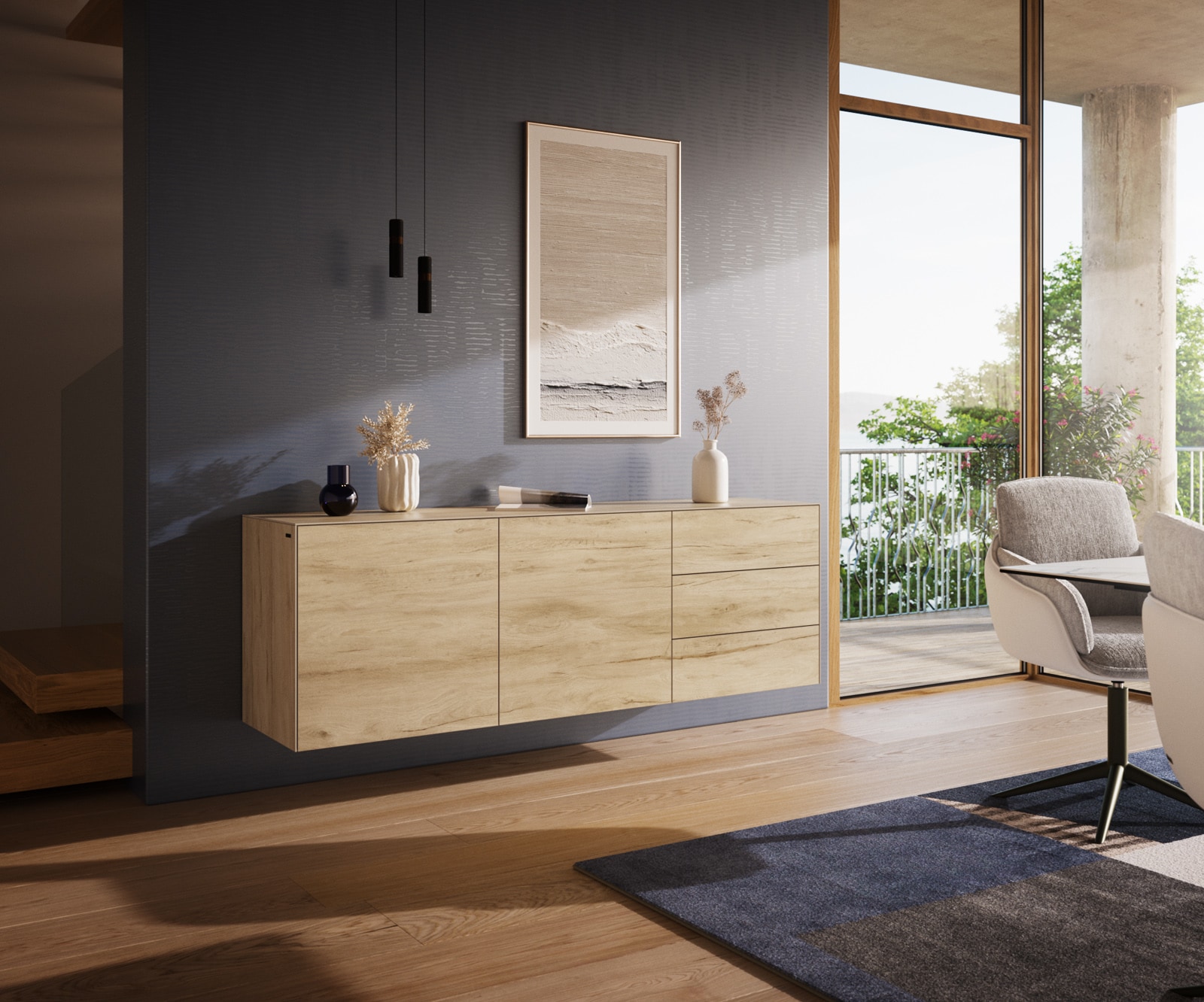 Sideboard Cuor 180 cm Keramik Laminam® Sabbia Eichefarbig 2 Türen 3 Schubfächer Schwebend 1