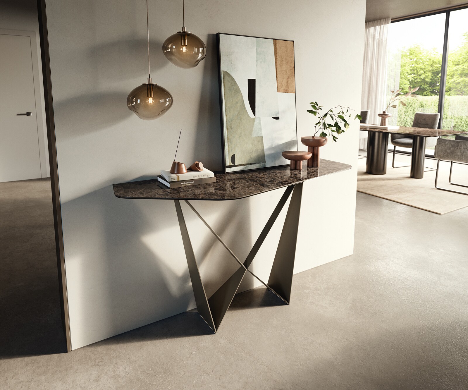 Konsolentisch Edge Polygonal 140x50 cm Keramik Emperador Extra Lucidato Dunkelbraun Spios Metall Effektfinish Titan 3