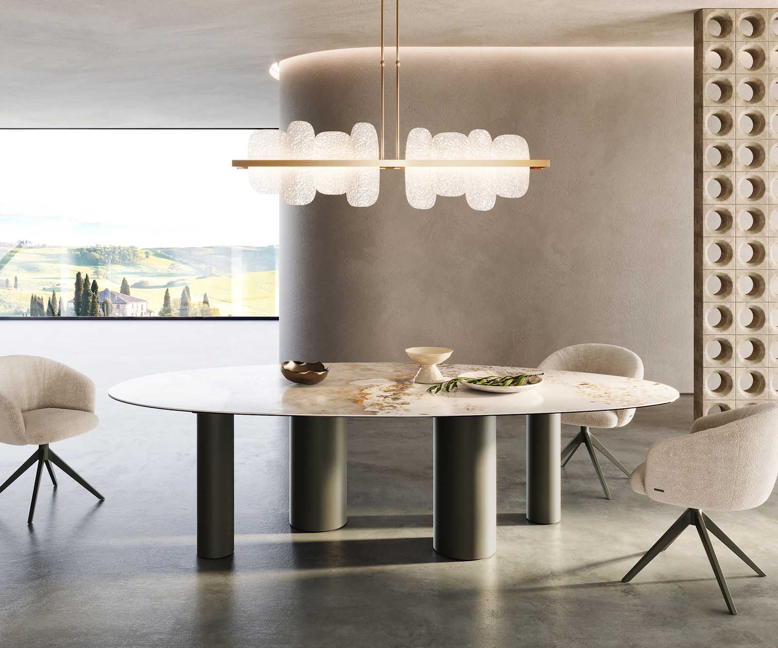 Esstisch Edge Oval 280x130 Keramik Minas Melange Weiß-Beige Pilier Metall Effektfinish Titan 1